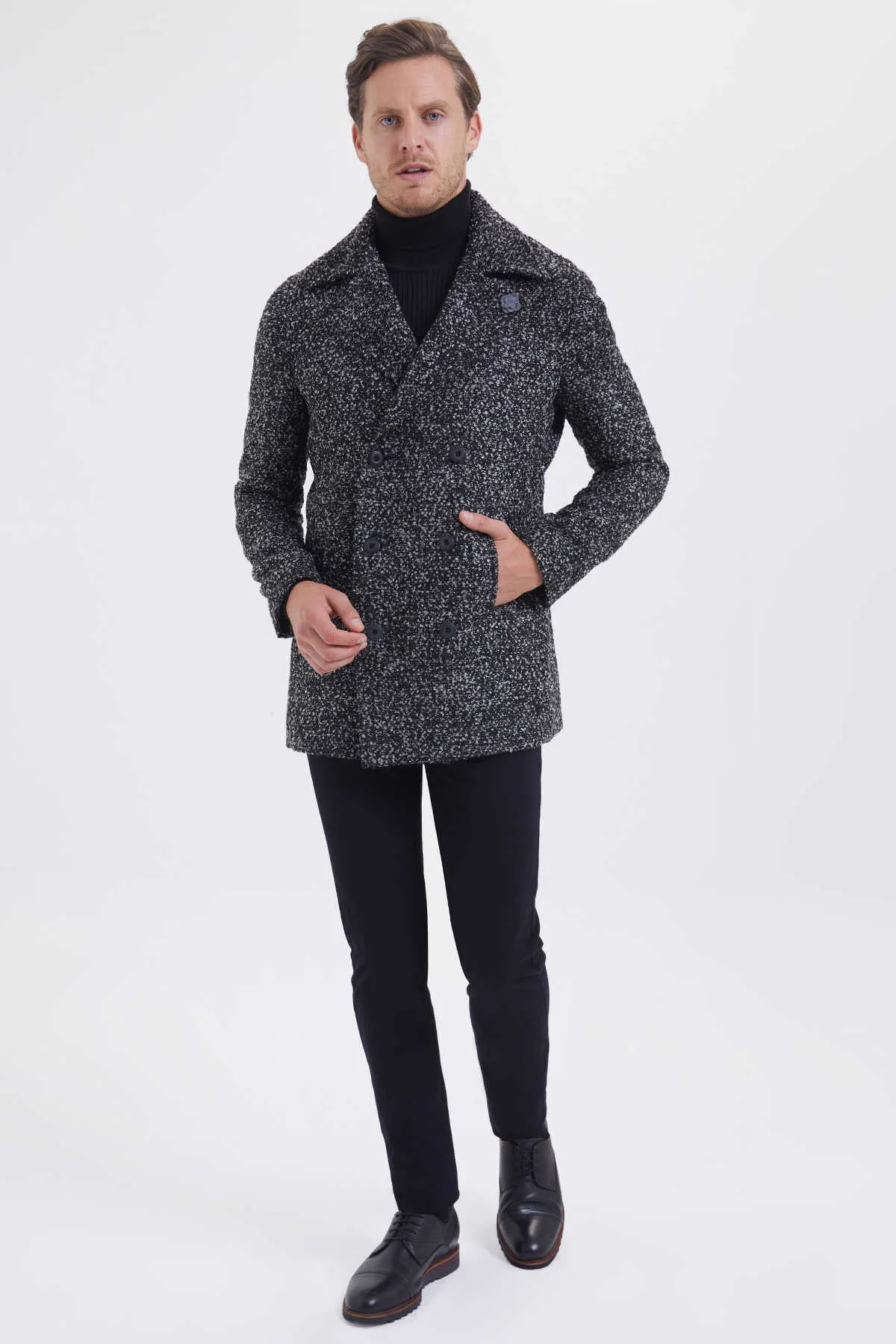 28202018A040 \ 19234 Slim Fit Cachet KBN4 Double Breasted  Wool & Polyamide Coat, Black D.