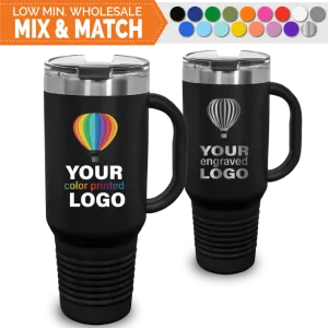 40 oz Handled Snap Lid Tumblers -Mix & Match- Bulk Wholesale Personalized Engraved or Full Color Print Logo