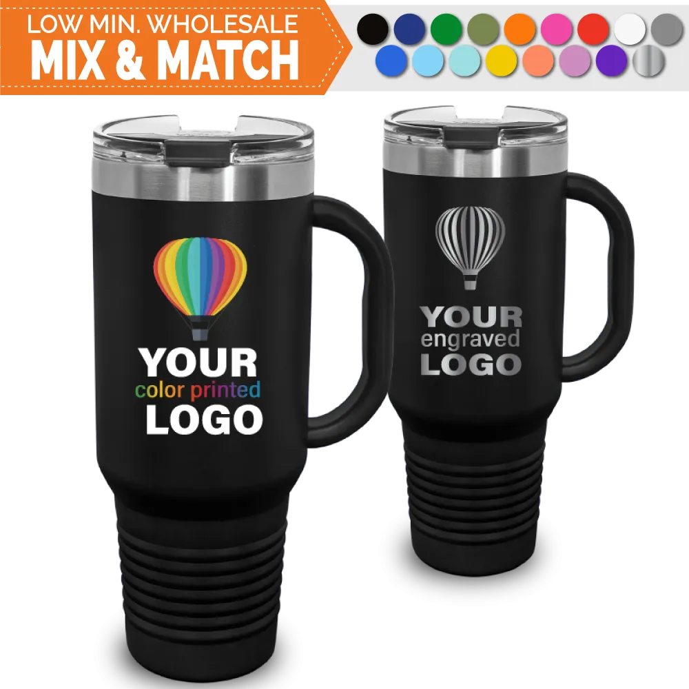 40 oz Handled Snap Lid Tumblers -Mix & Match- Bulk Wholesale Personalized Engraved or Full Color Print Logo