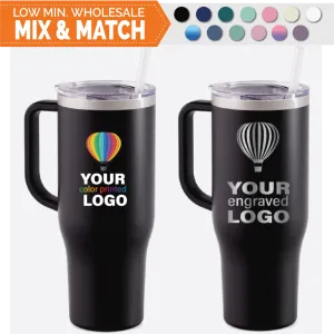 40 oz Handled Straw Lid Tumblers -Mix & Match- Bulk Wholesale Personalized Engraved or Full Color Print Logo