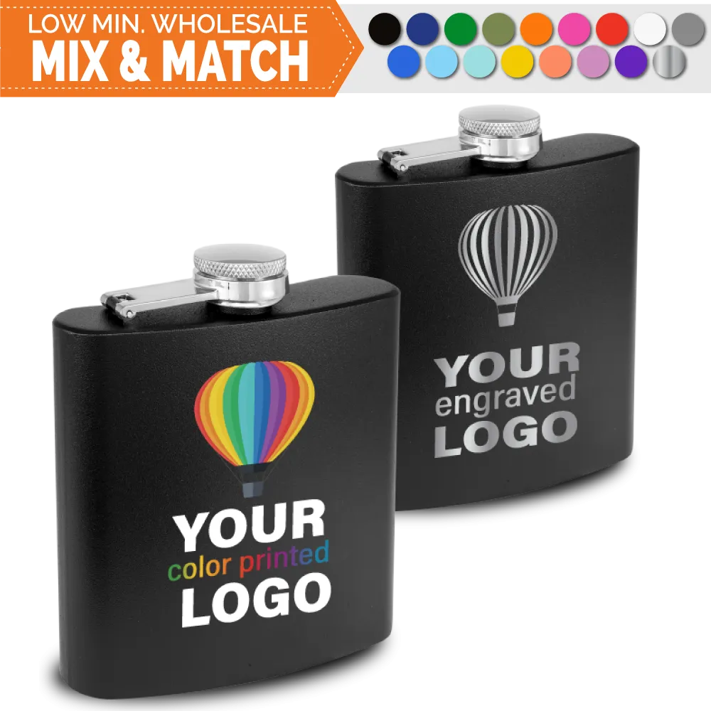 6 oz Flask -Mix & Match- Bulk Wholesale Personalized Engraved or Full Color Print Logo