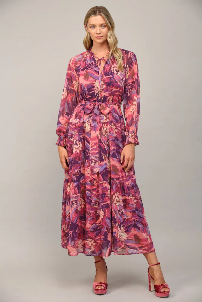 Abstract Print WIth Lurex Chiffon Tiered Maxi Dress