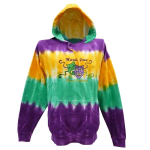 Adult Embroidered Mardi Gras Tie Dyed Comedy Tragedy Hoodie w/Draw String