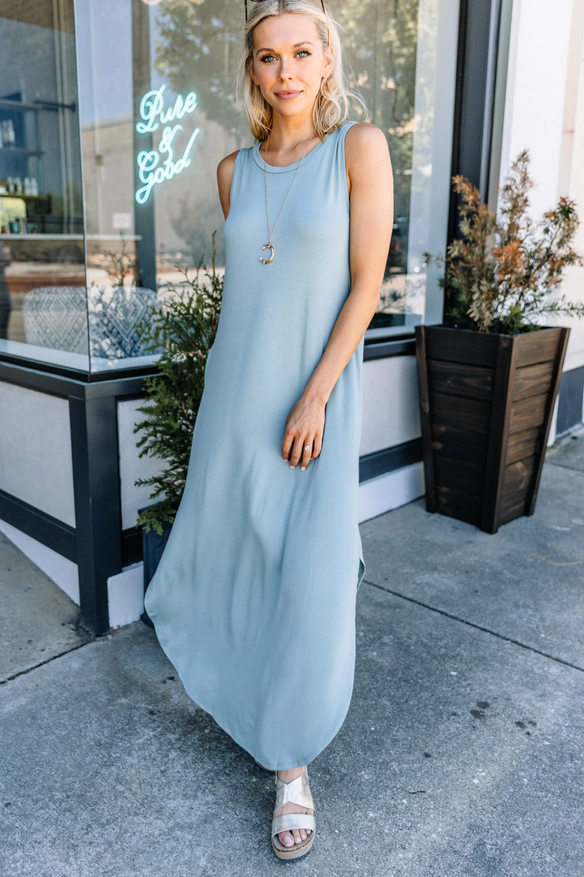 All Day Adventures Light Sage Green Tank Maxi Dress