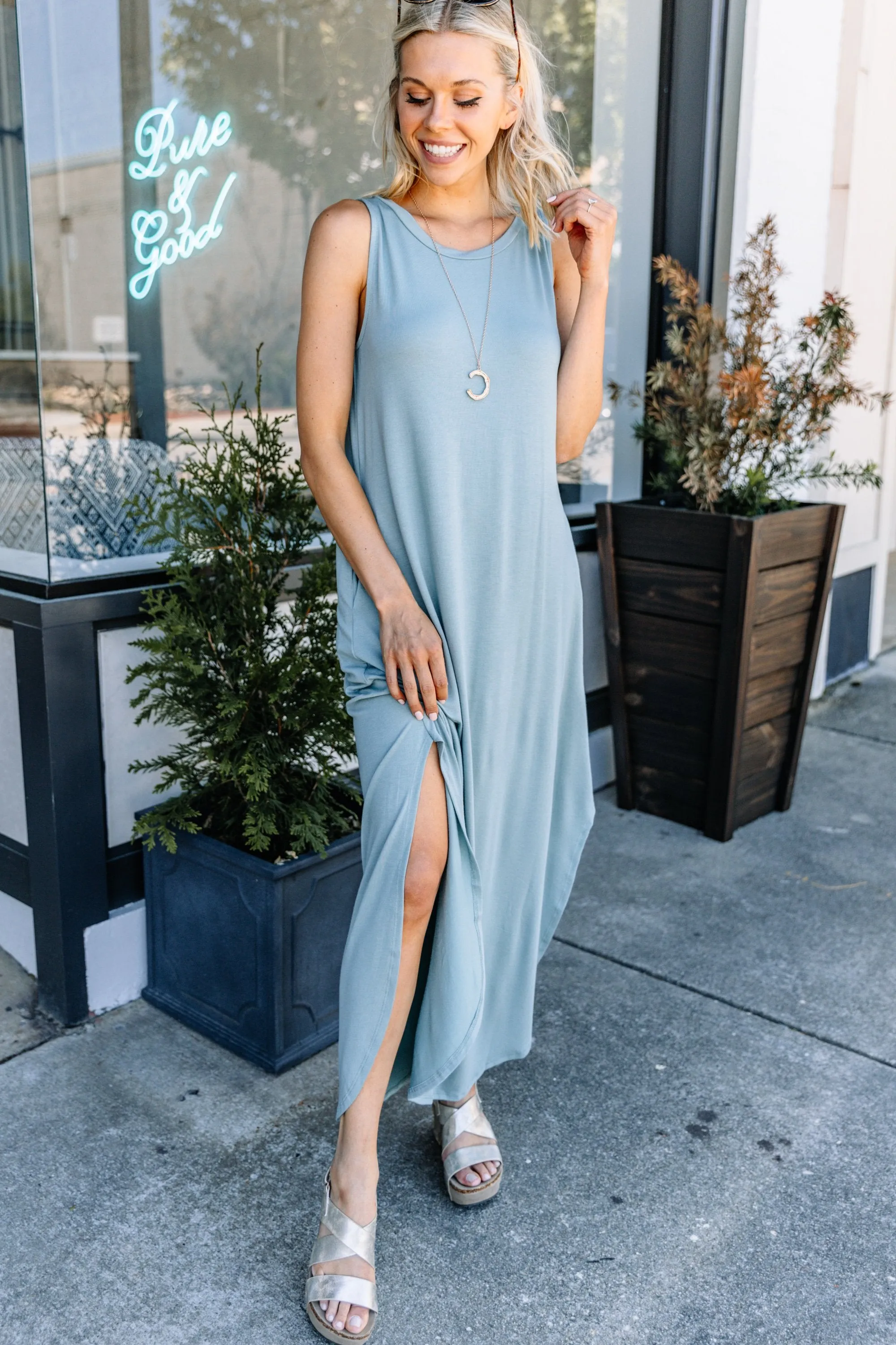 All Day Adventures Light Sage Green Tank Maxi Dress