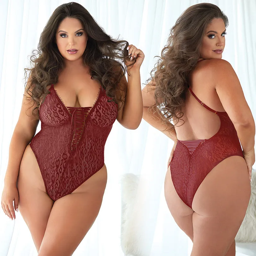 Allure Leopard Lace Up Teddy-Burgundy 1X/2X-Boxed