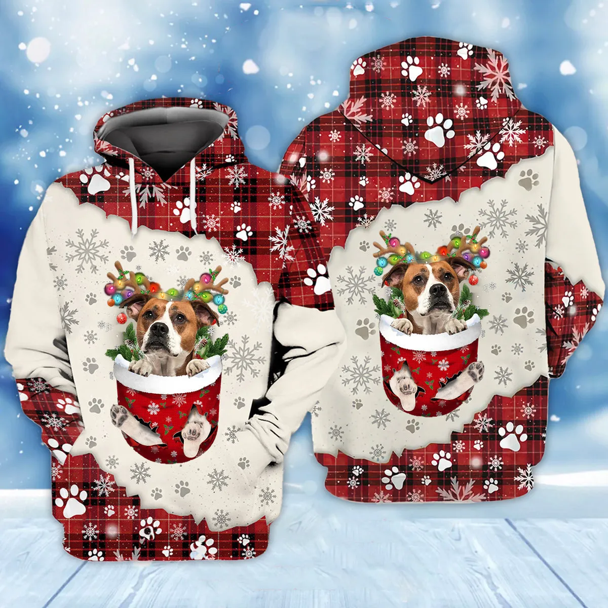 American Bulldog In Snow Pocket Merry Christmas Unisex Hoodie