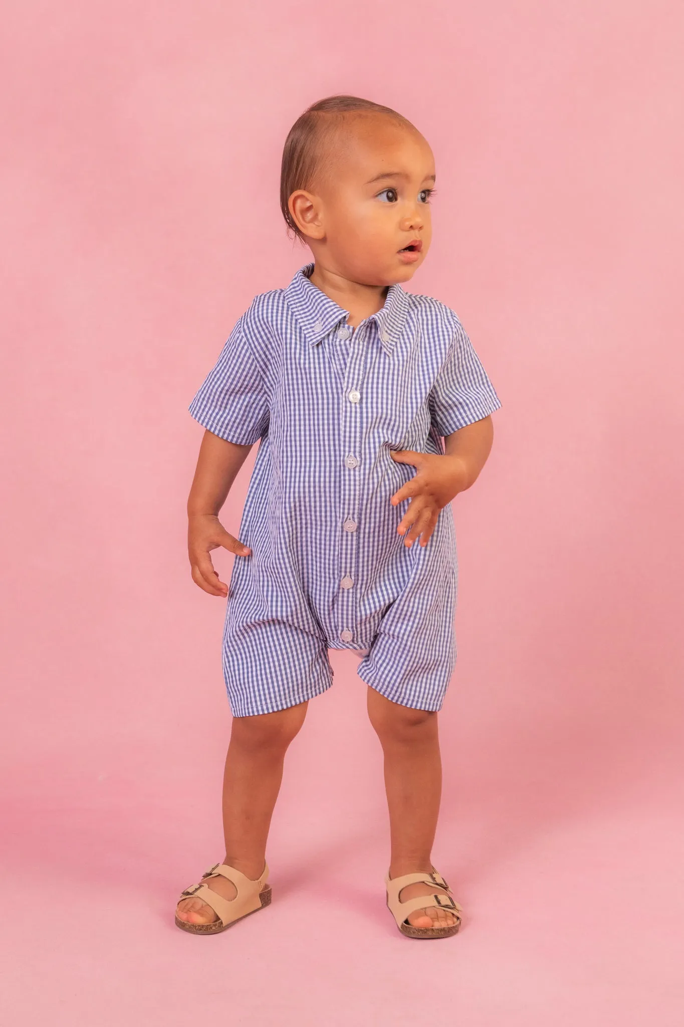 Baby Boy James Romper in Blue Gingham - FINAL SALE