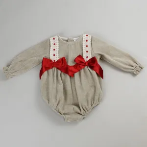 Baby Girls Beige Romper With Red Bows