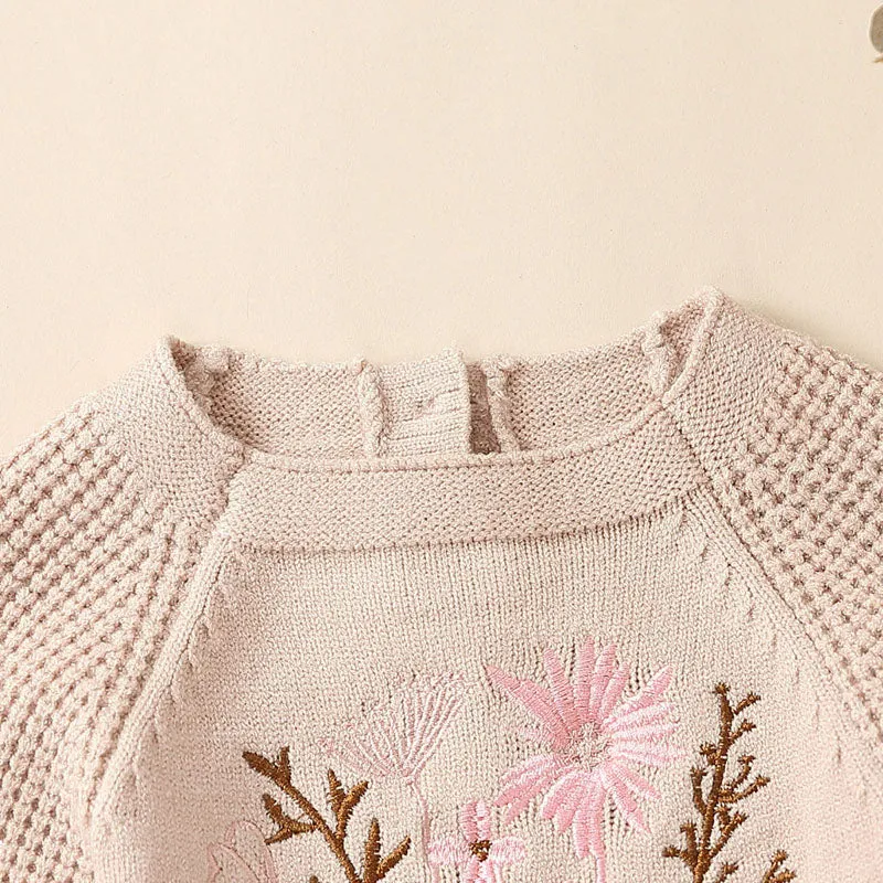 Baby Girls Romper Knit with Flower Embroidery, Long Sleeve