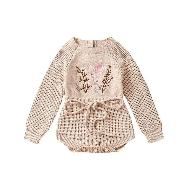 Baby Girls Romper Knit with Flower Embroidery, Long Sleeve