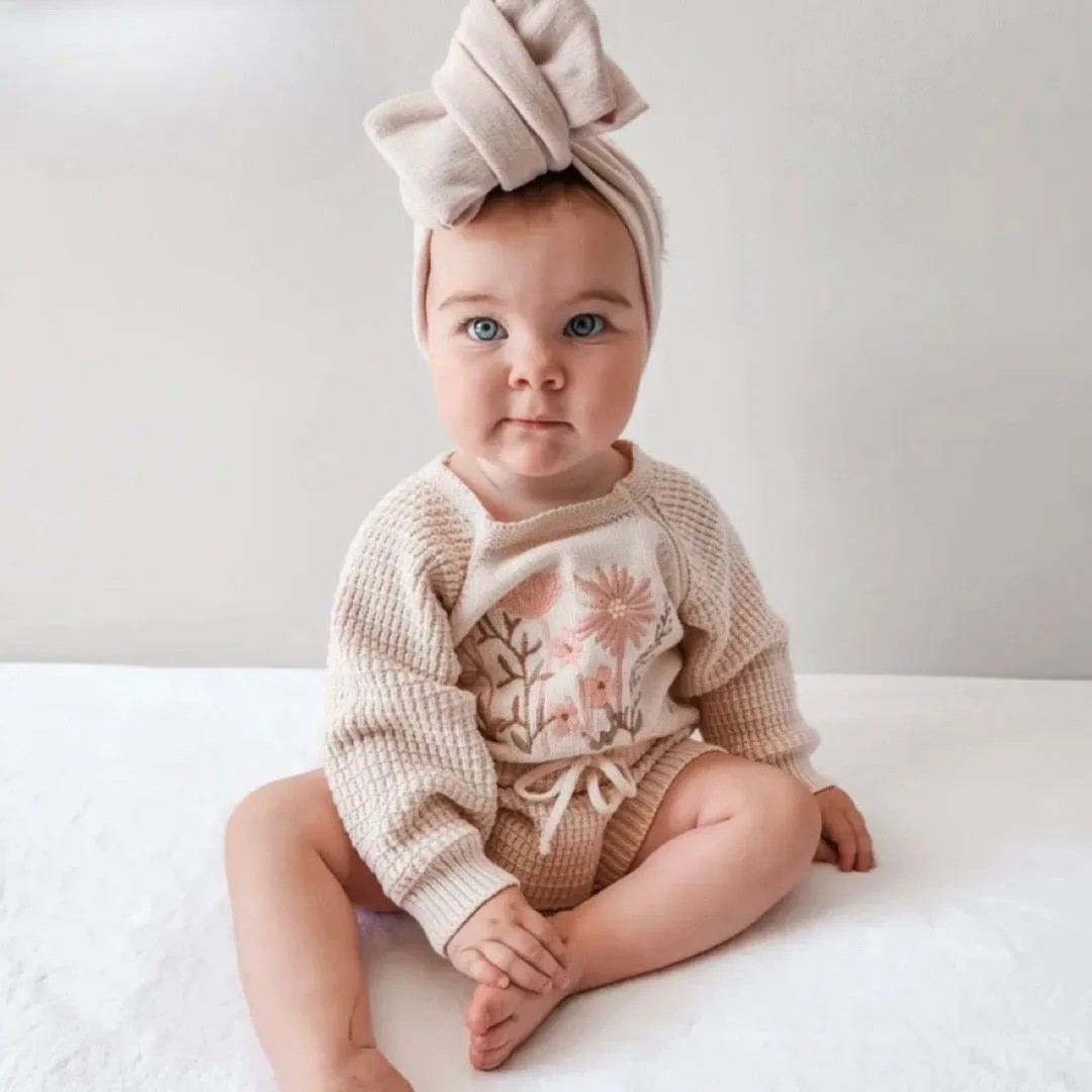 Baby Girls Romper Knit with Flower Embroidery, Long Sleeve