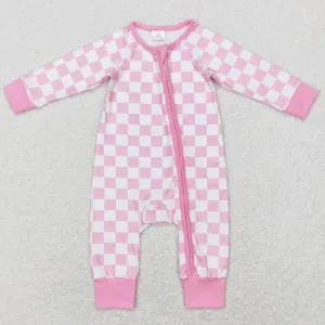 Baby Infant Girls Rompers Pink Checkered Long Sleeve Zip Sleepers Rompers LR0810