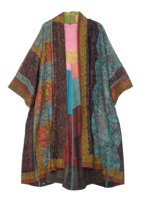 BAGH PRINT KANTHA 3/4 SLV. A-LINE DUSTER - bg4324-brn -