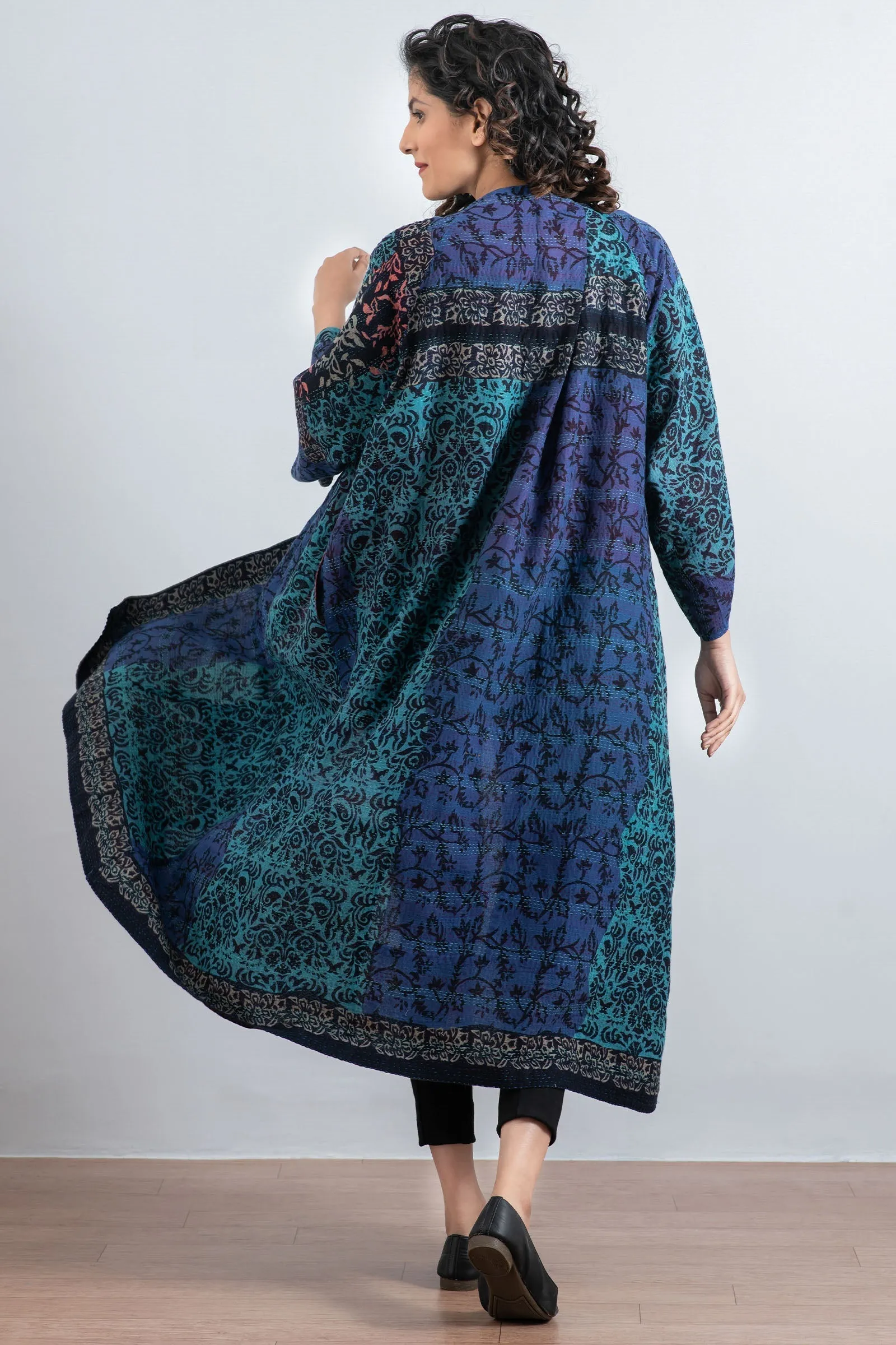 BAGH PRINT KANTHA KIMONO MAXI - bg2318-blu -