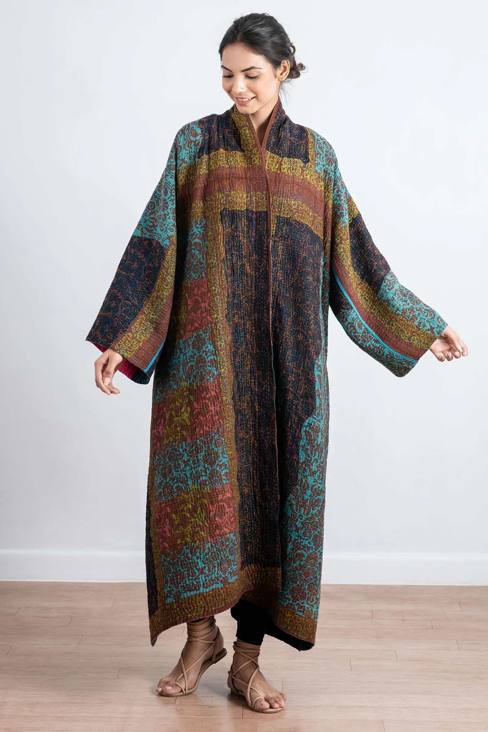 BAGH PRINT KANTHA KIMONO ROBE - bg4322-brn -