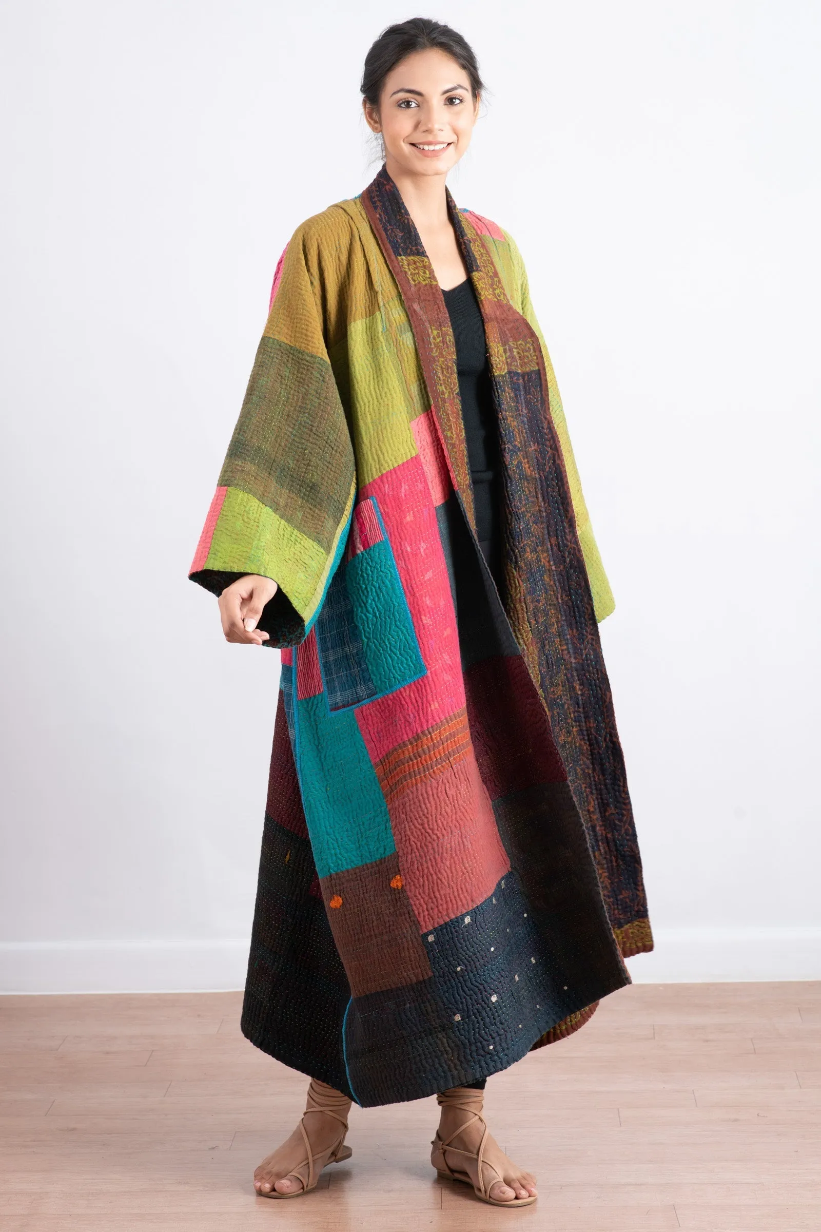 BAGH PRINT KANTHA KIMONO ROBE - bg4322-brn -