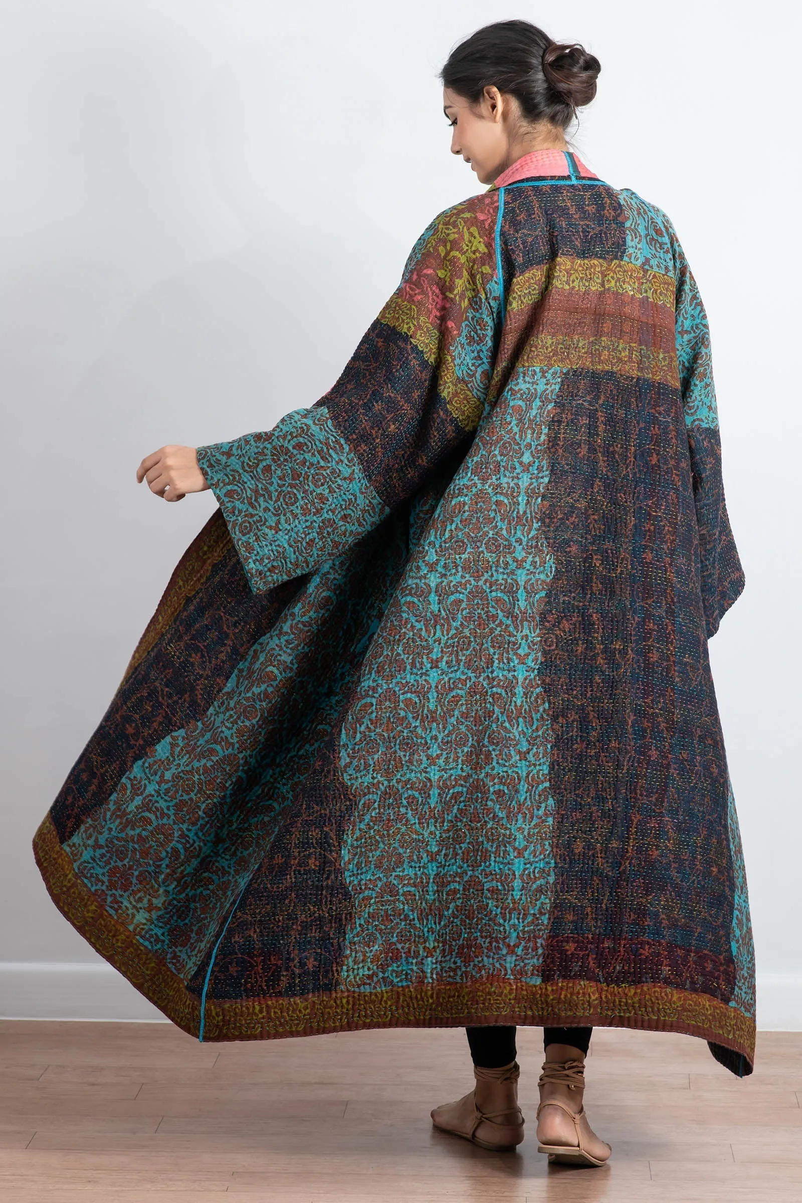 BAGH PRINT KANTHA KIMONO ROBE - bg4322-brn -