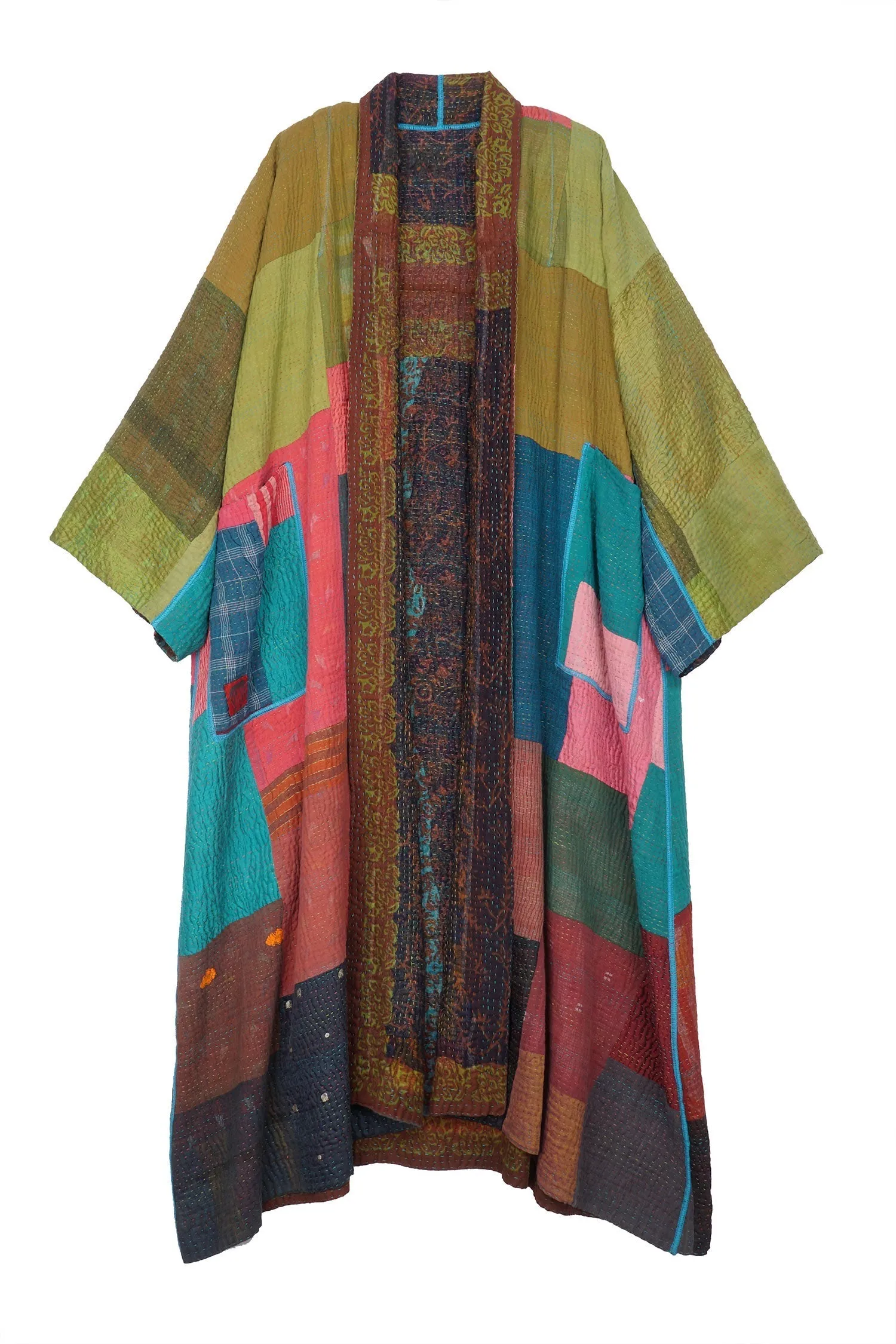 BAGH PRINT KANTHA KIMONO ROBE - bg4322-brn -