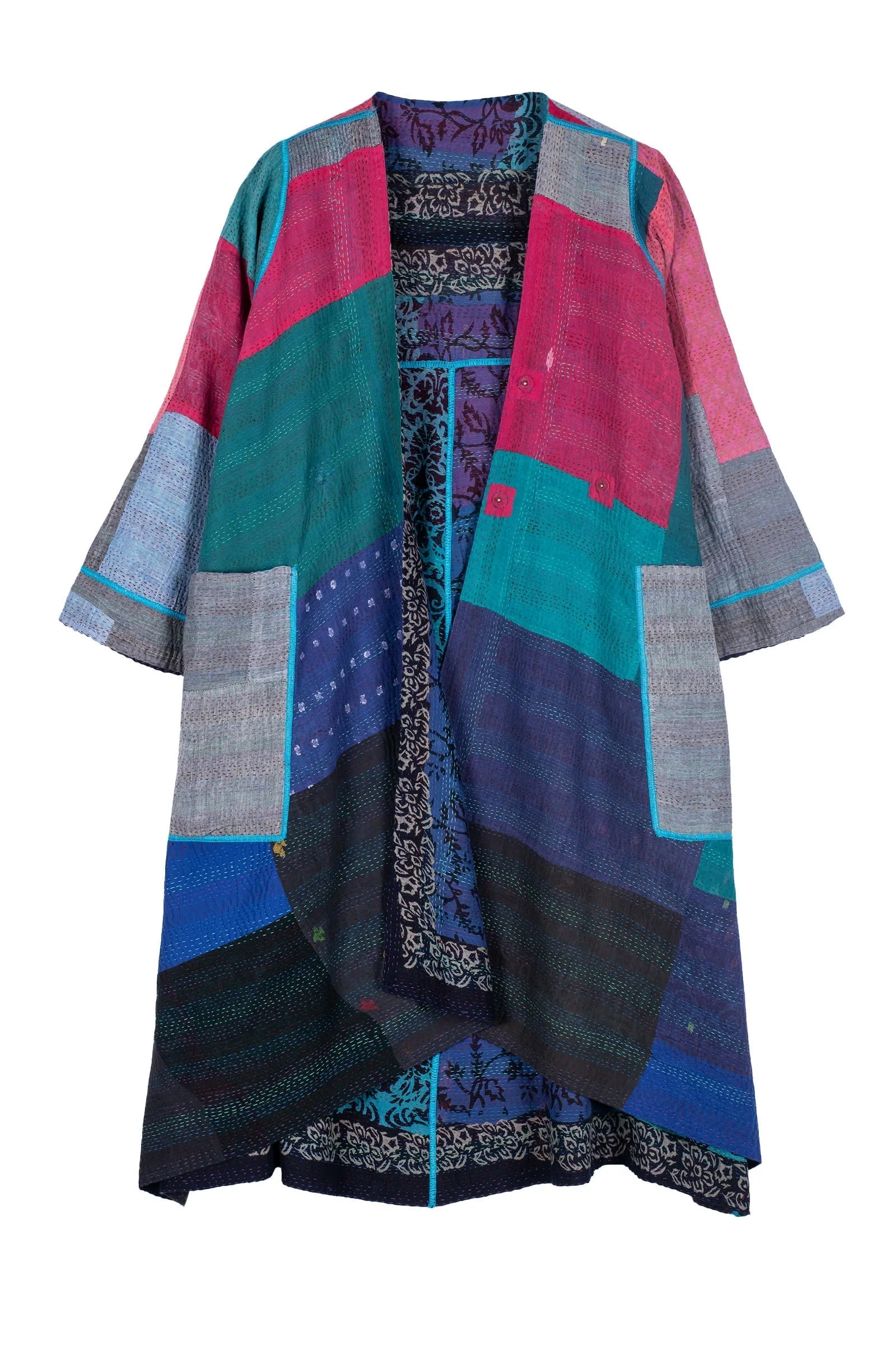 BAGH PRINT KANTHA WRAP FLARE COAT - bg2330-blu -