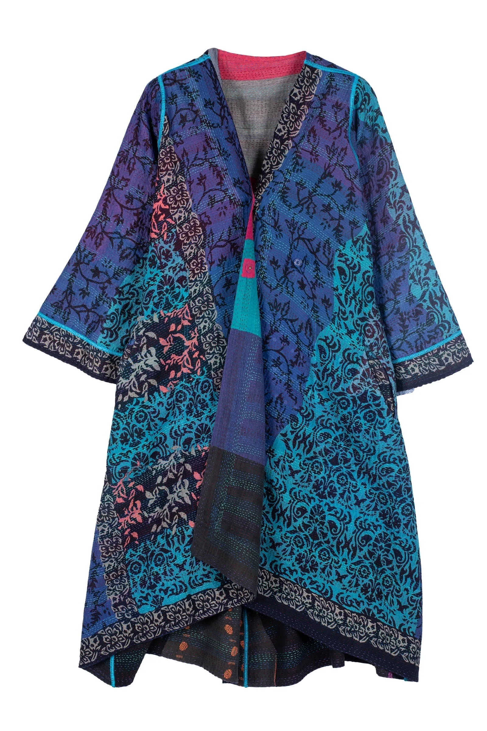 BAGH PRINT KANTHA WRAP FLARE COAT - bg2330-blu -