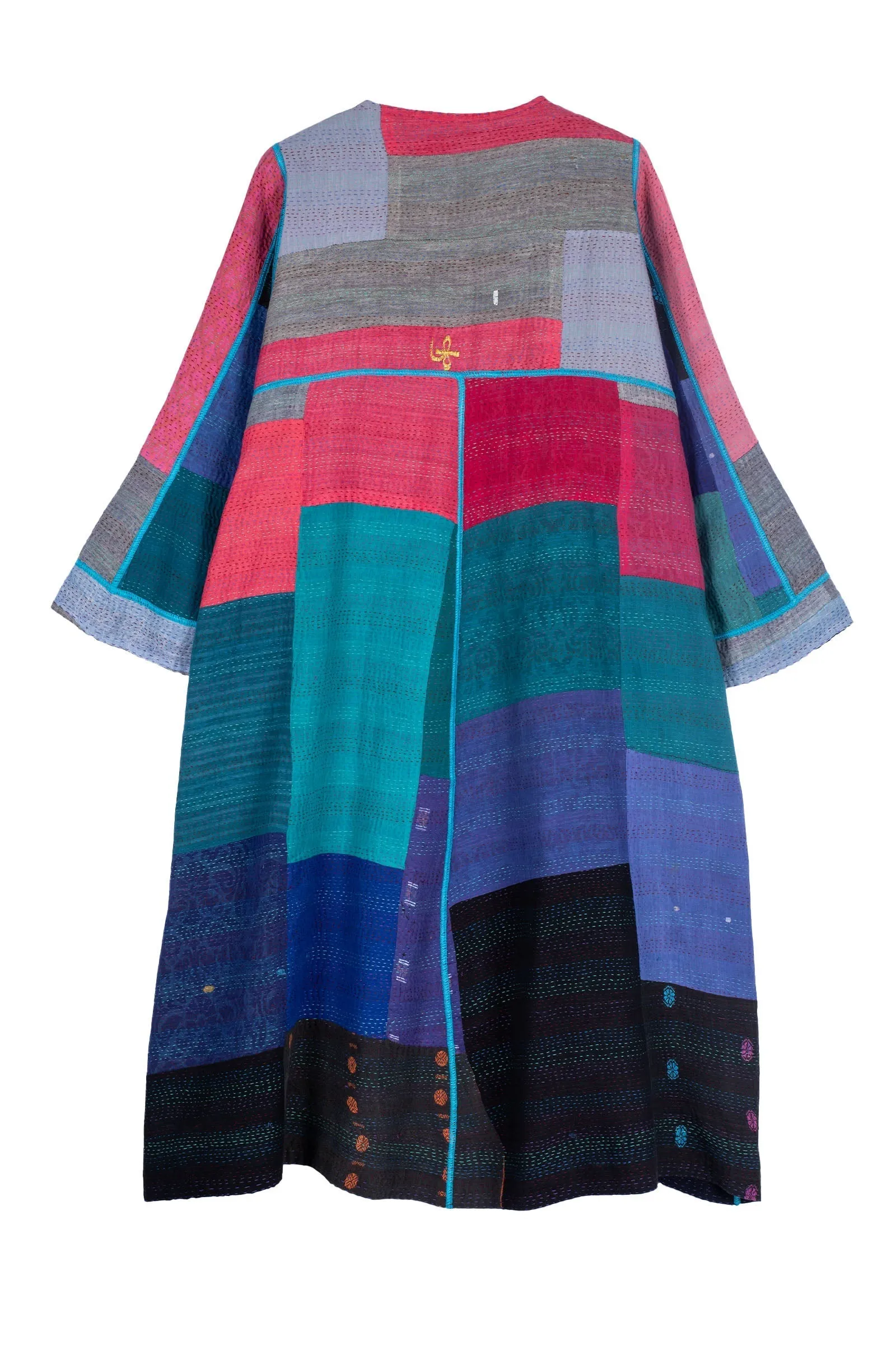 BAGH PRINT KANTHA WRAP FLARE COAT - bg2330-blu -