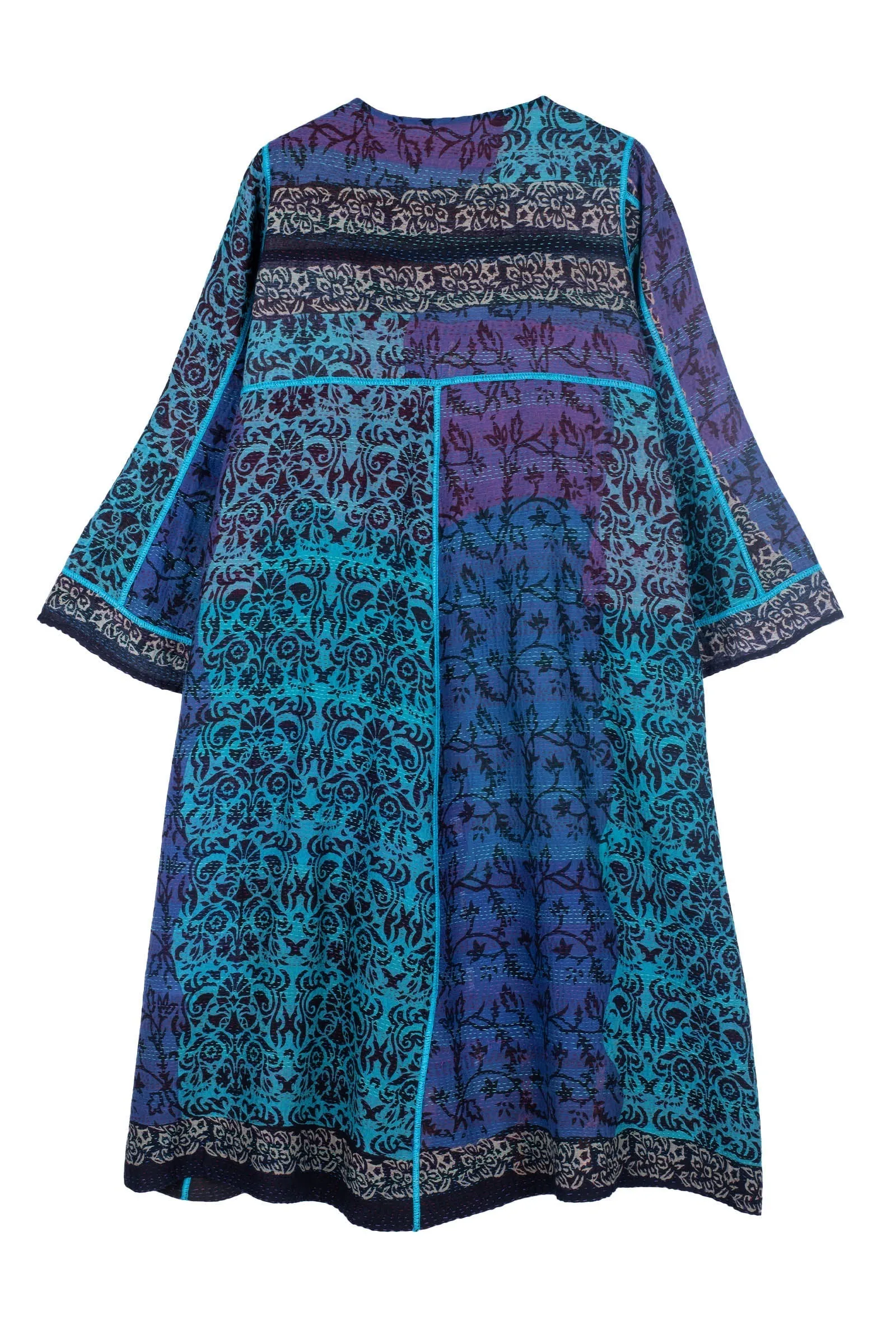 BAGH PRINT KANTHA WRAP FLARE COAT - bg2330-blu -