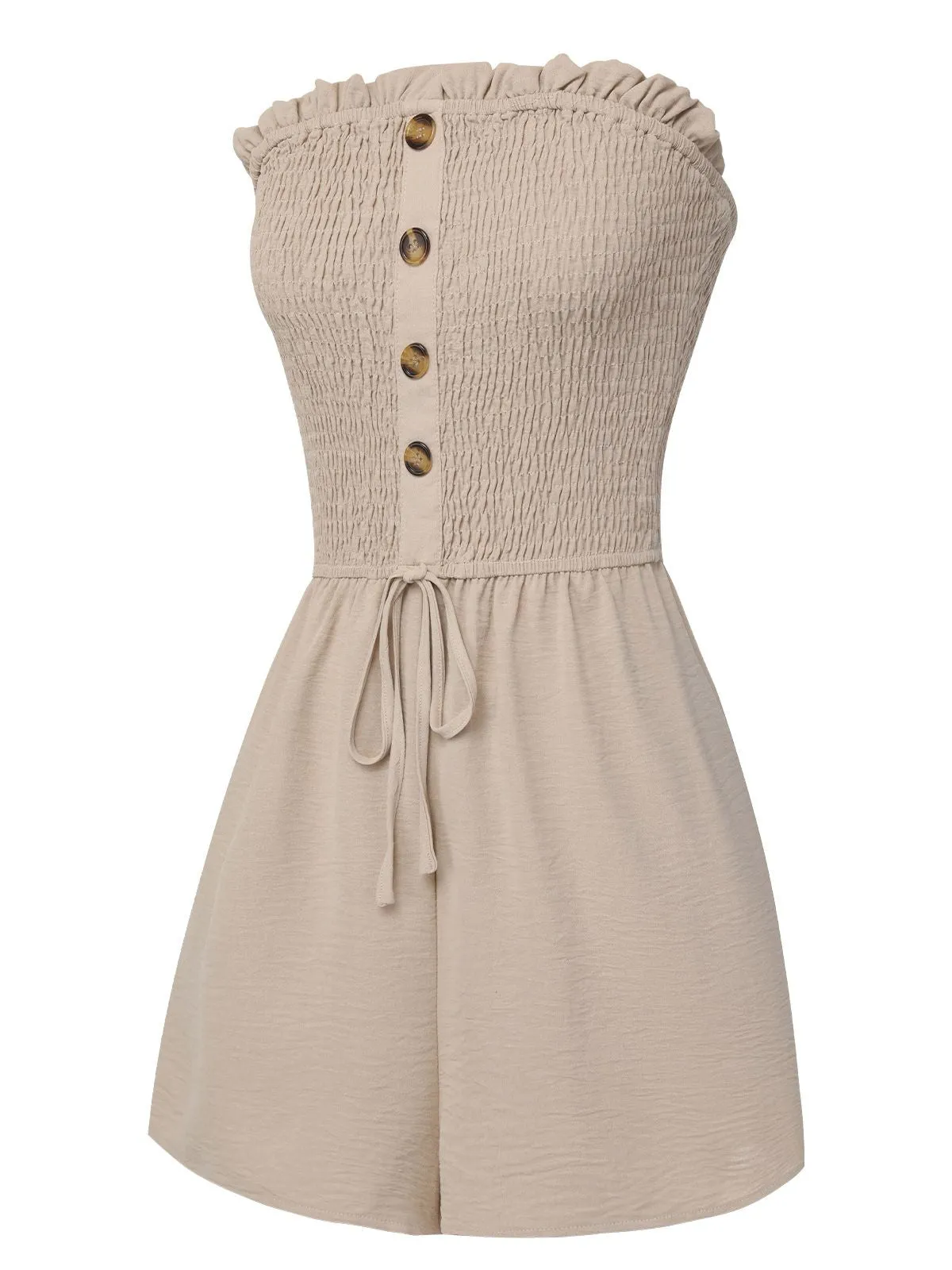 Beige 1950s Solid Smocking Strapless Romper