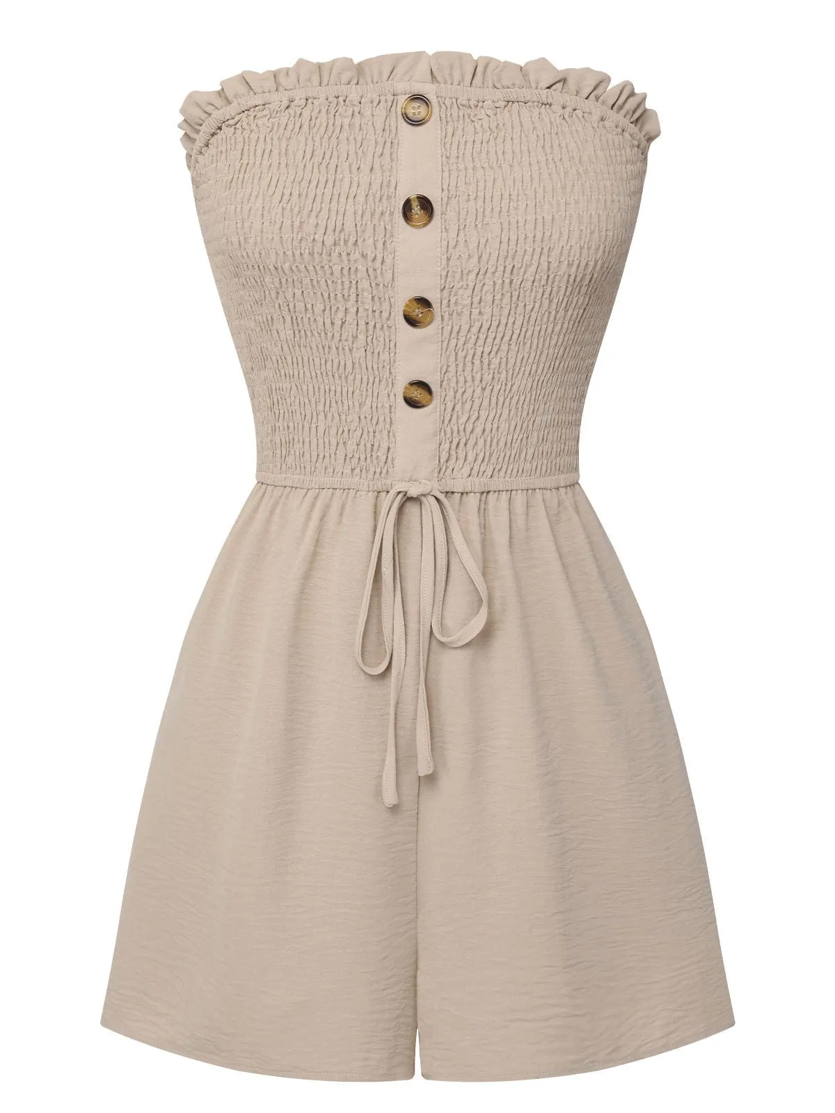 Beige 1950s Solid Smocking Strapless Romper