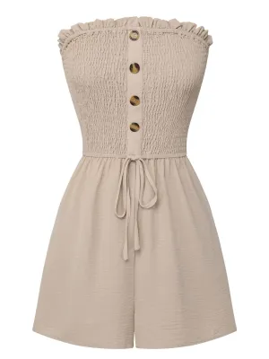 Beige 1950s Solid Smocking Strapless Romper