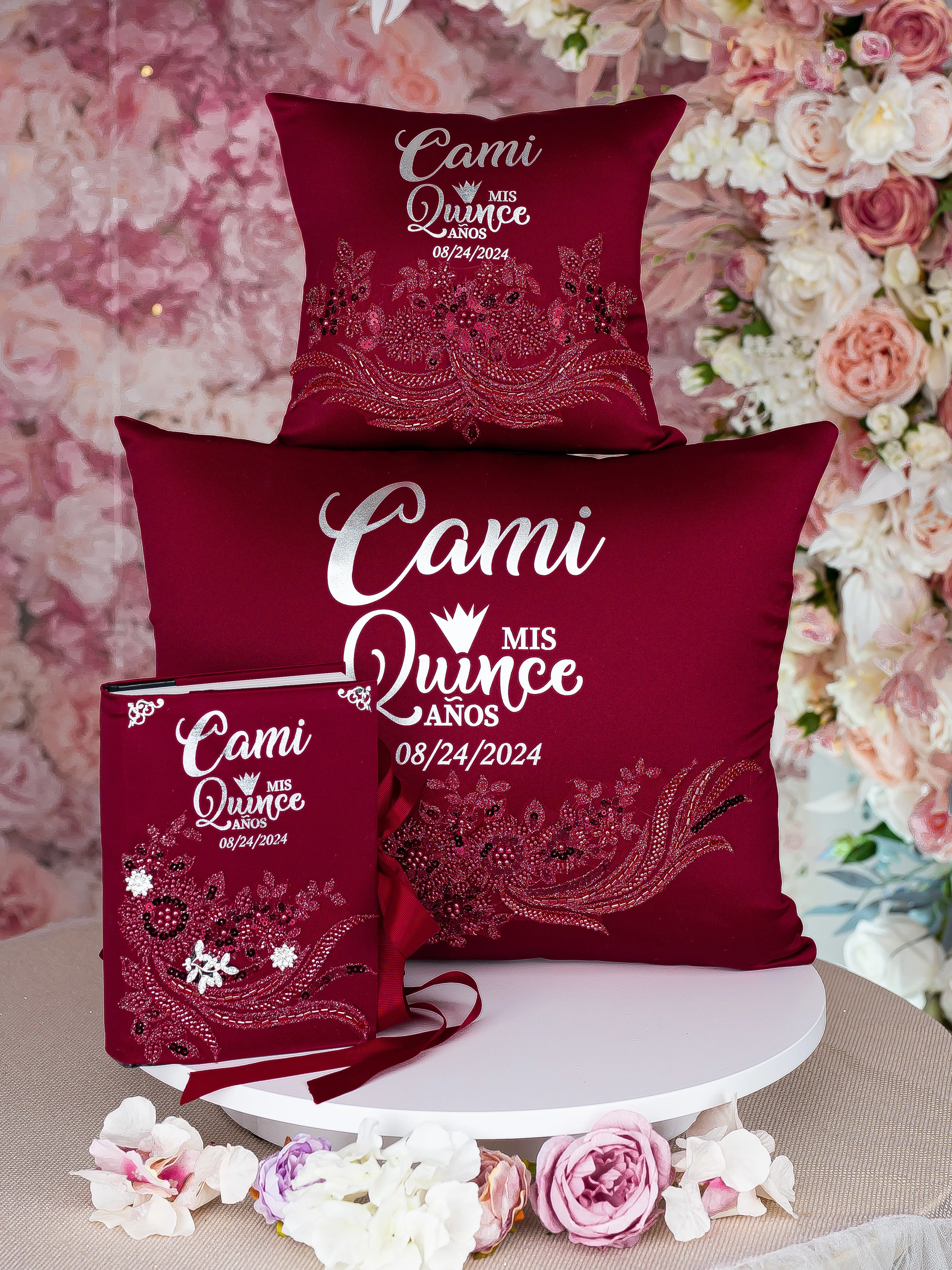 Burgundy silver Teddy Bear for Quinceanera