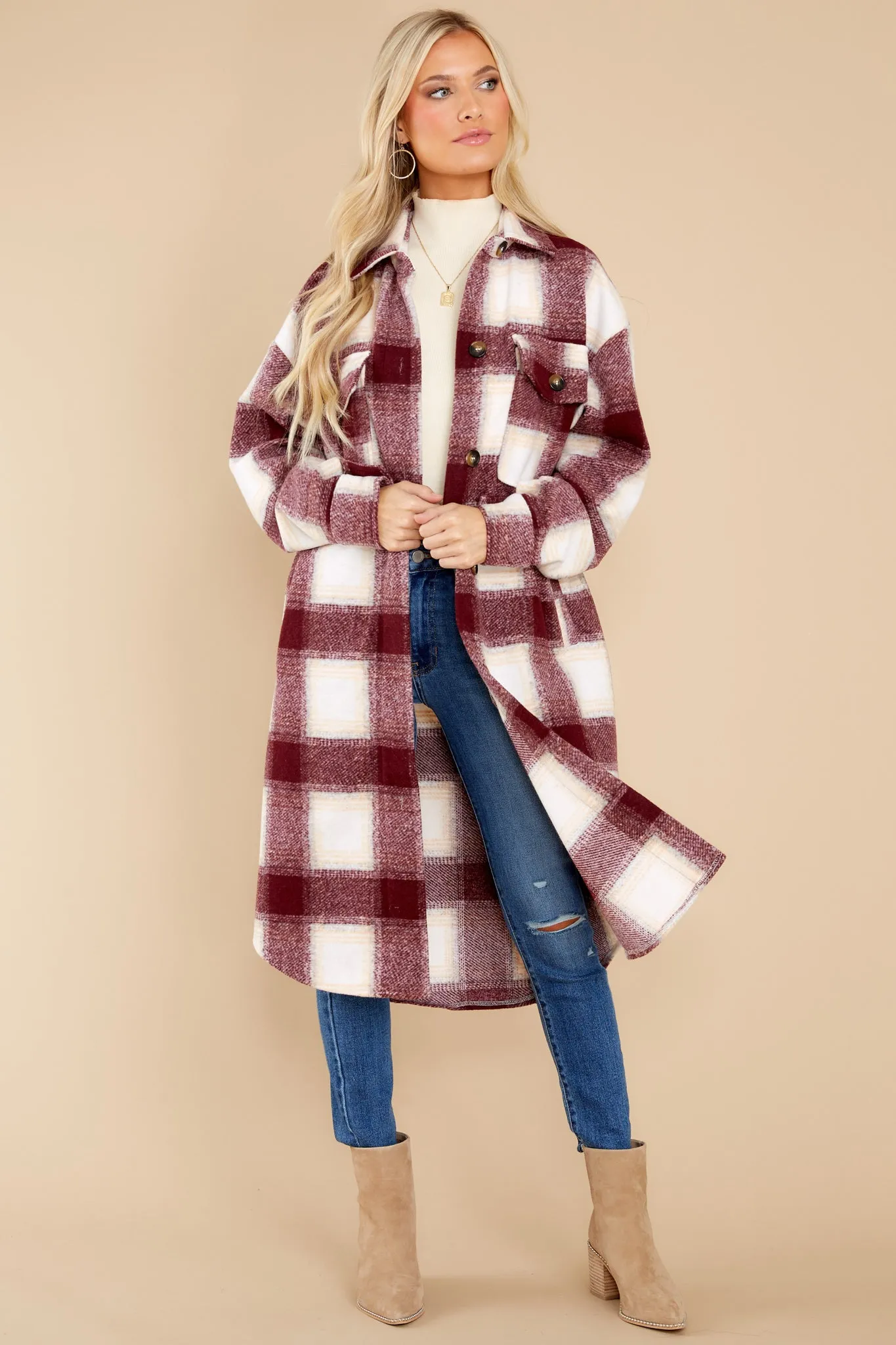 Chill Time Burgundy Plaid Coat