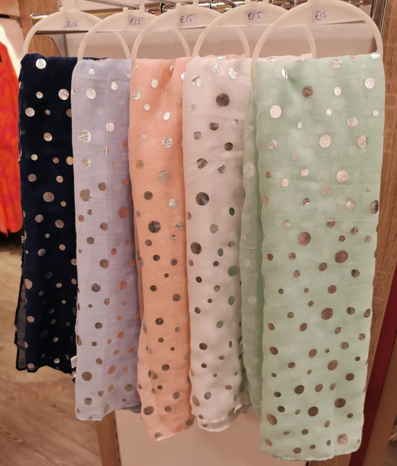 Cotton feel pastel summer scarf with polka dot foil print