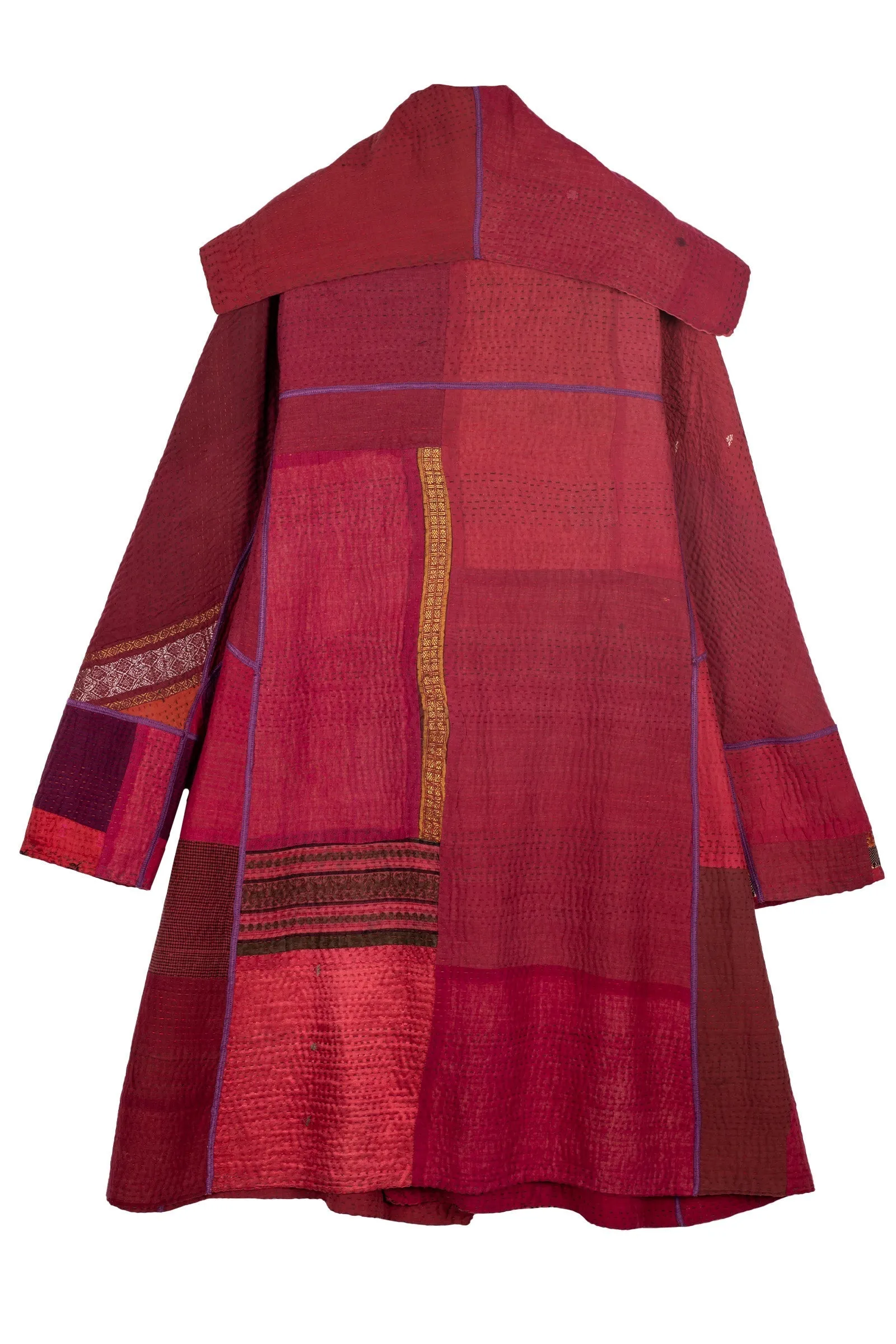 COTTON SILK SW PATCH KANTHA A-LINE COAT - ws4309-red -