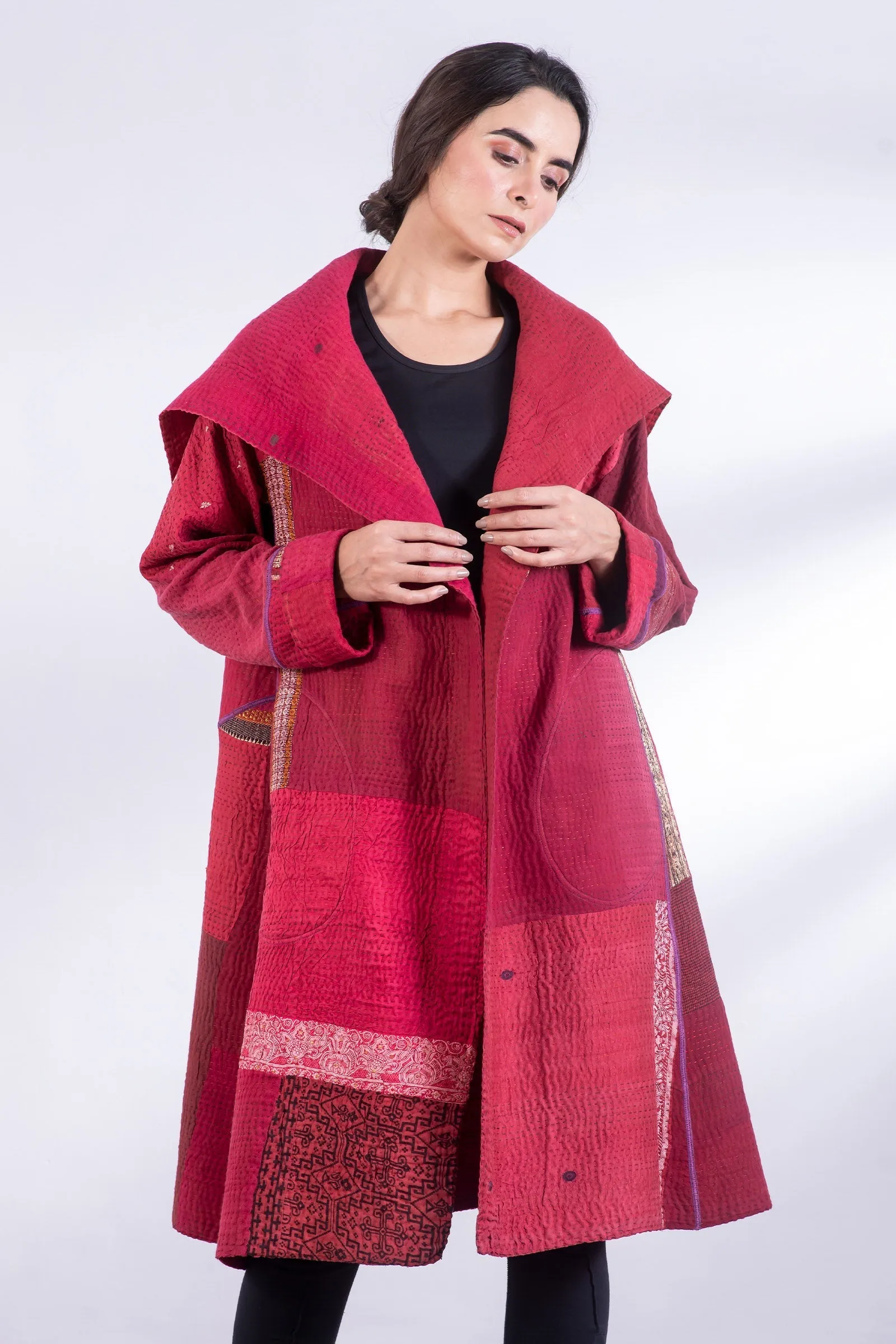 COTTON SILK SW PATCH KANTHA A-LINE COAT - ws4309-red -