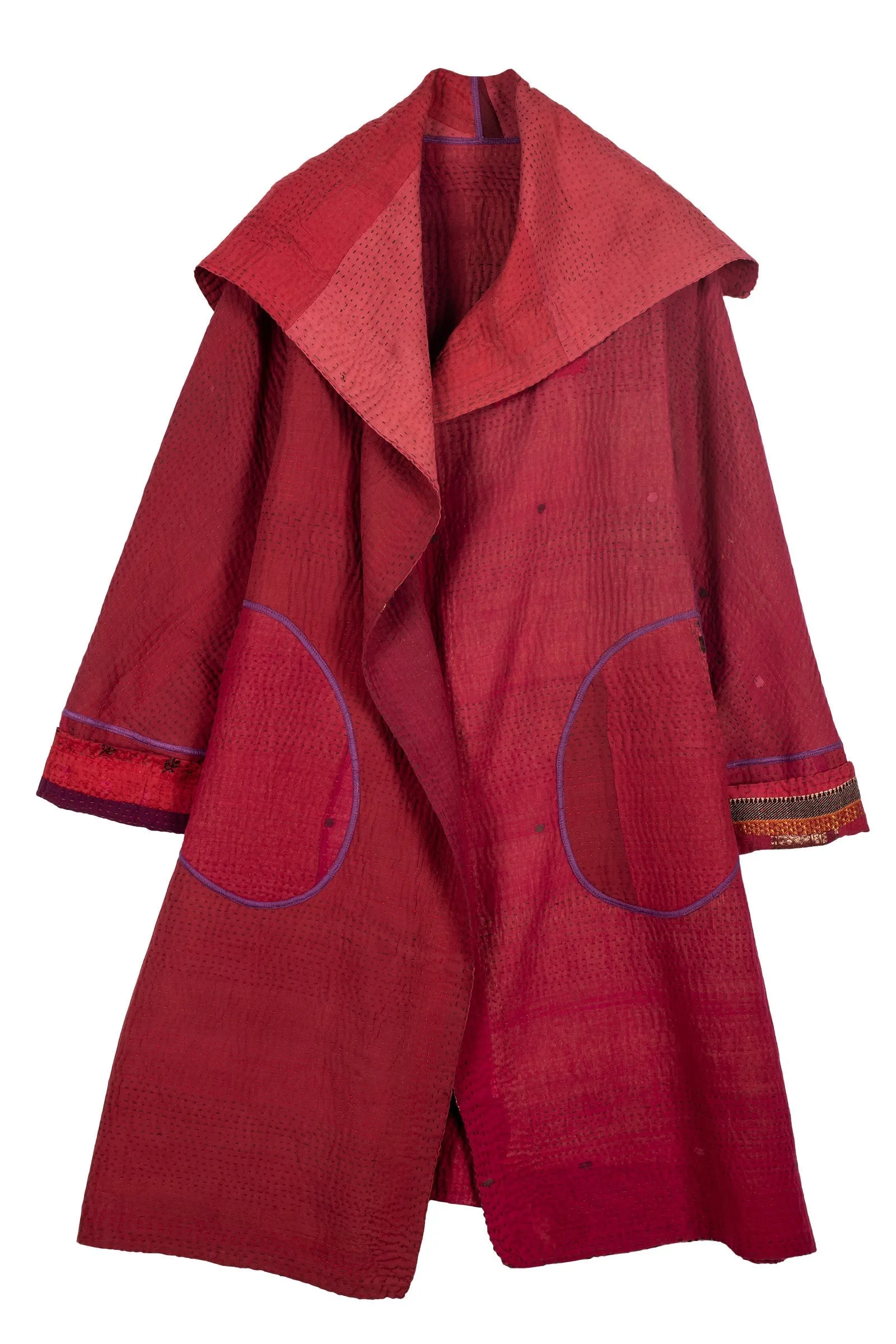 COTTON SILK SW PATCH KANTHA A-LINE COAT - ws4309-red -