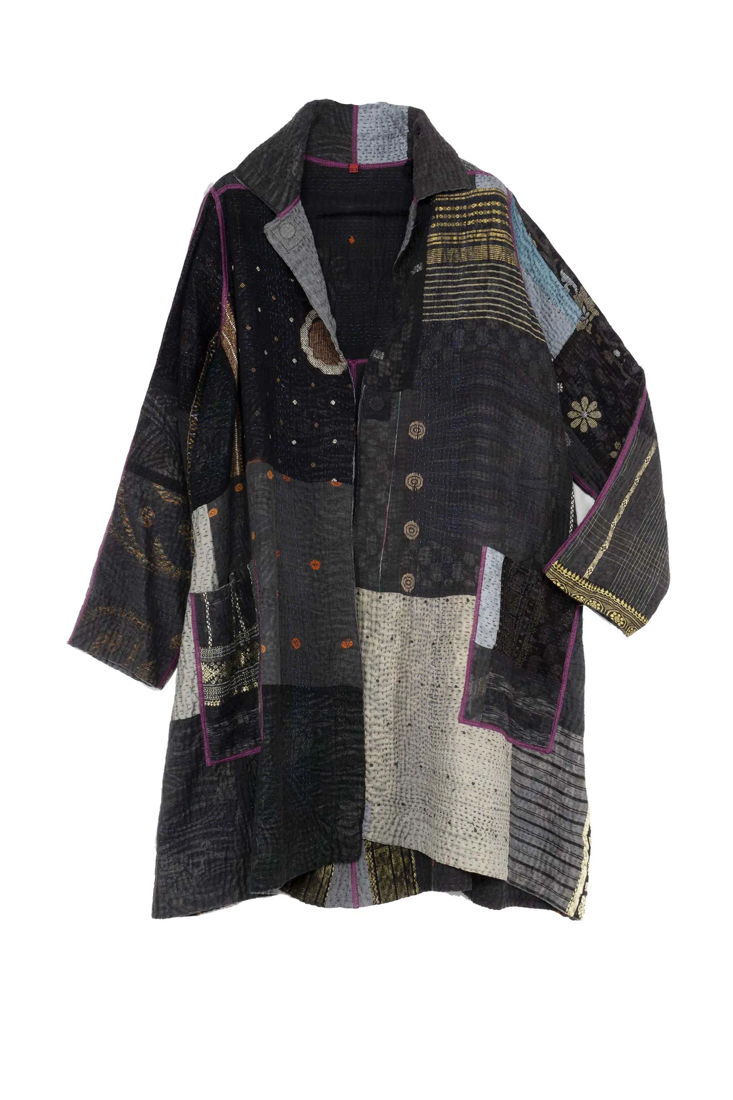 COTTON SILK SW PATCH KANTHA A-LINE DUSTER - ws4311-gry -