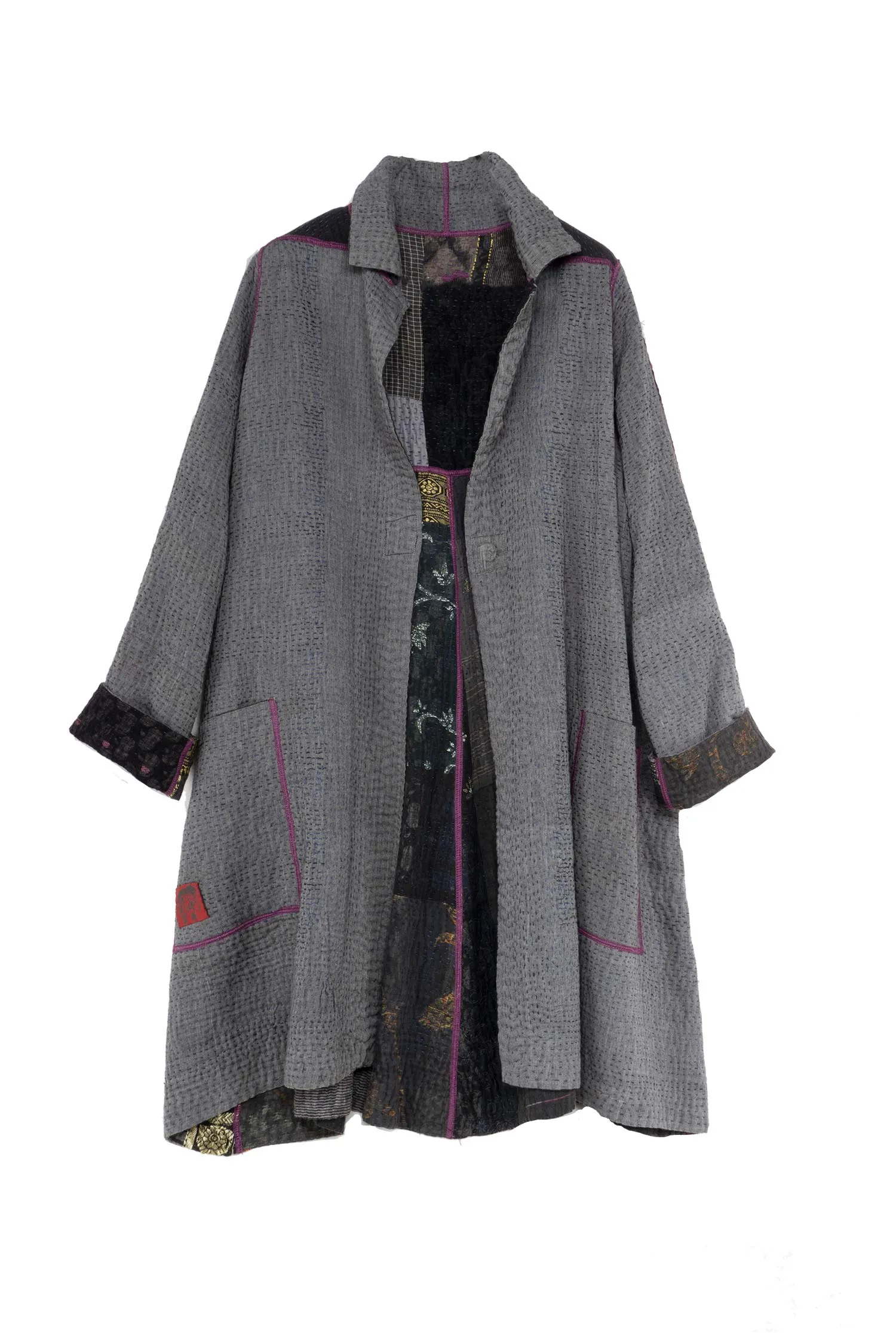 COTTON SILK SW PATCH KANTHA A-LINE DUSTER - ws4311-gry -