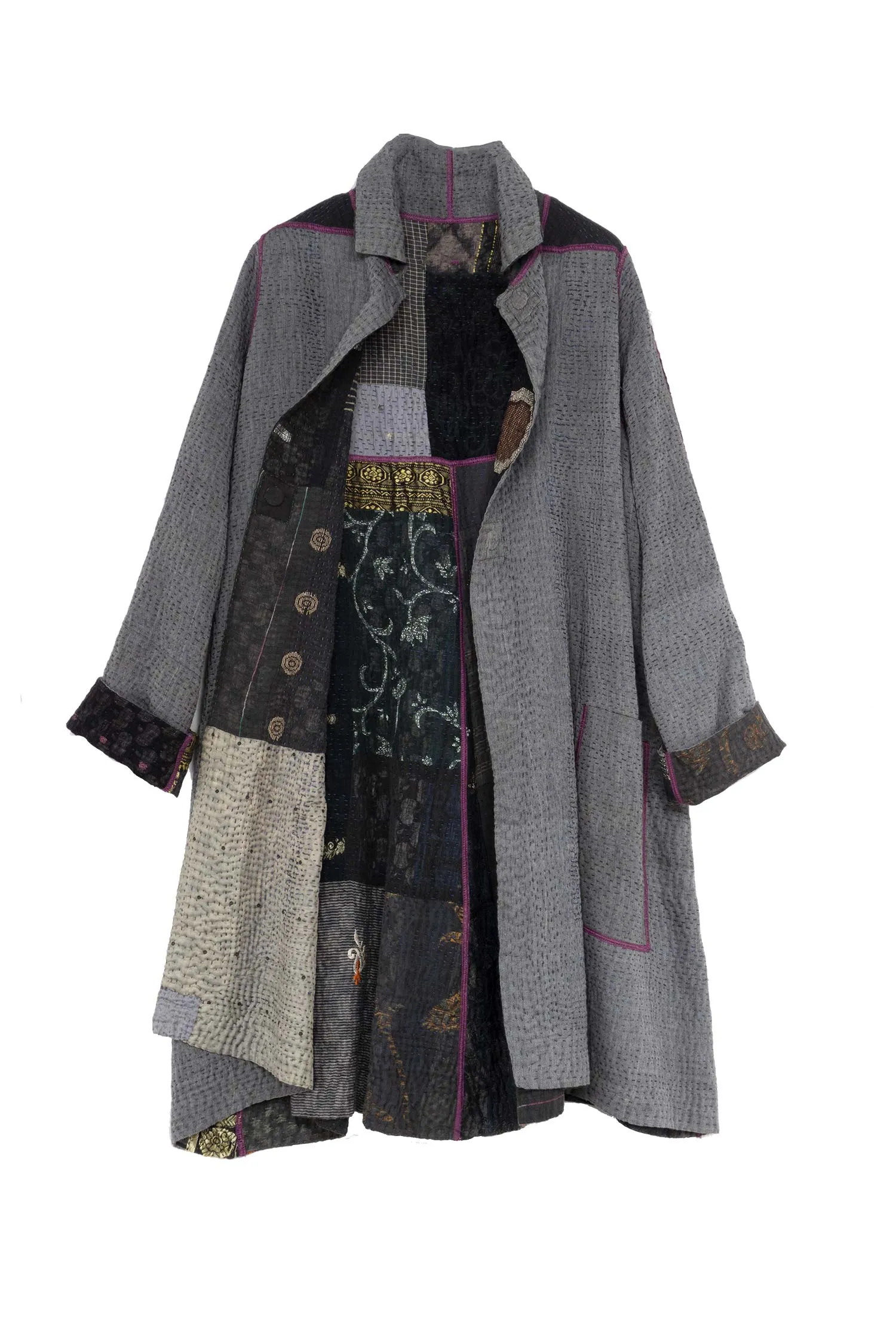 COTTON SILK SW PATCH KANTHA A-LINE DUSTER - ws4311-gry -