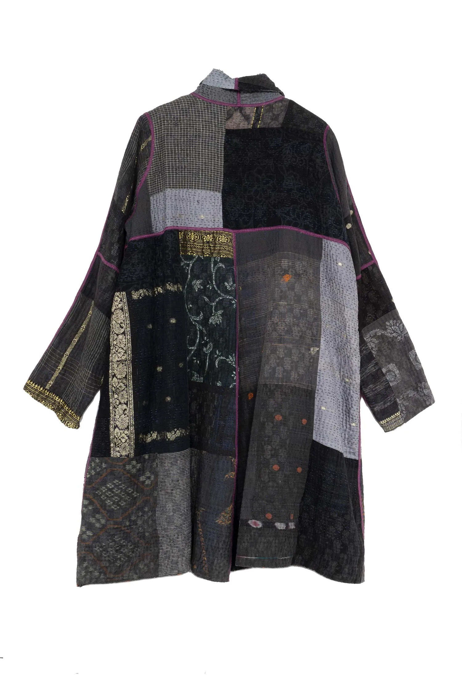 COTTON SILK SW PATCH KANTHA A-LINE DUSTER - ws4311-gry -