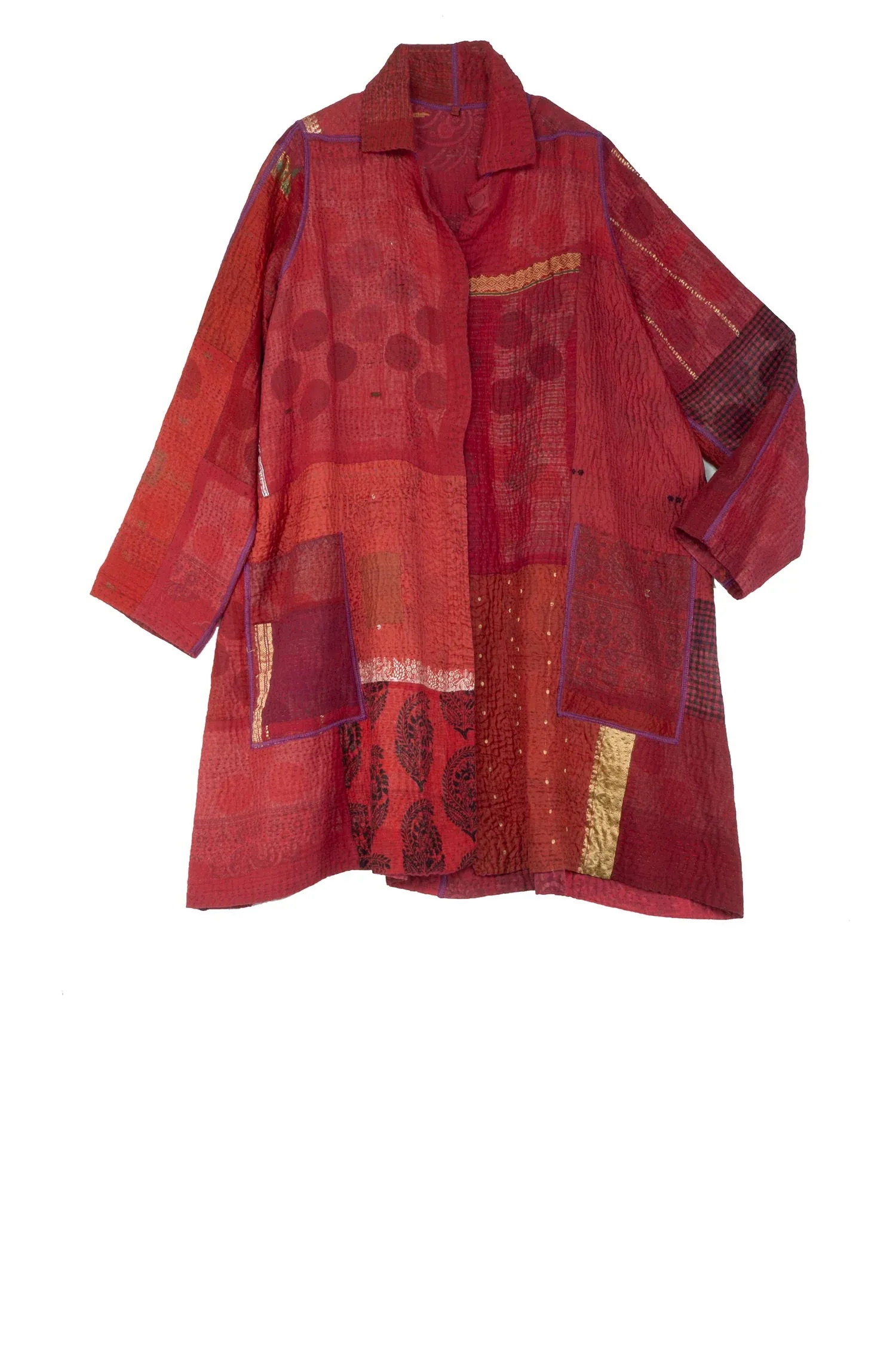 COTTON SILK SW PATCH KANTHA A-LINE DUSTER - ws4311-red -