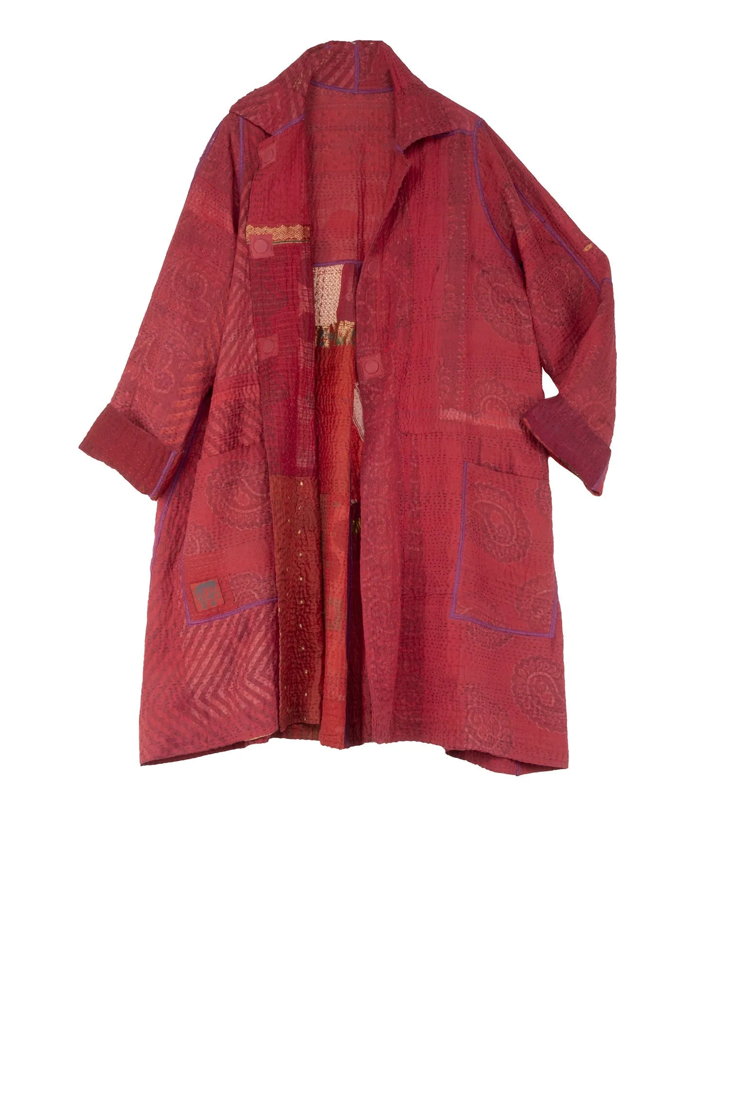 COTTON SILK SW PATCH KANTHA A-LINE DUSTER - ws4311-red -