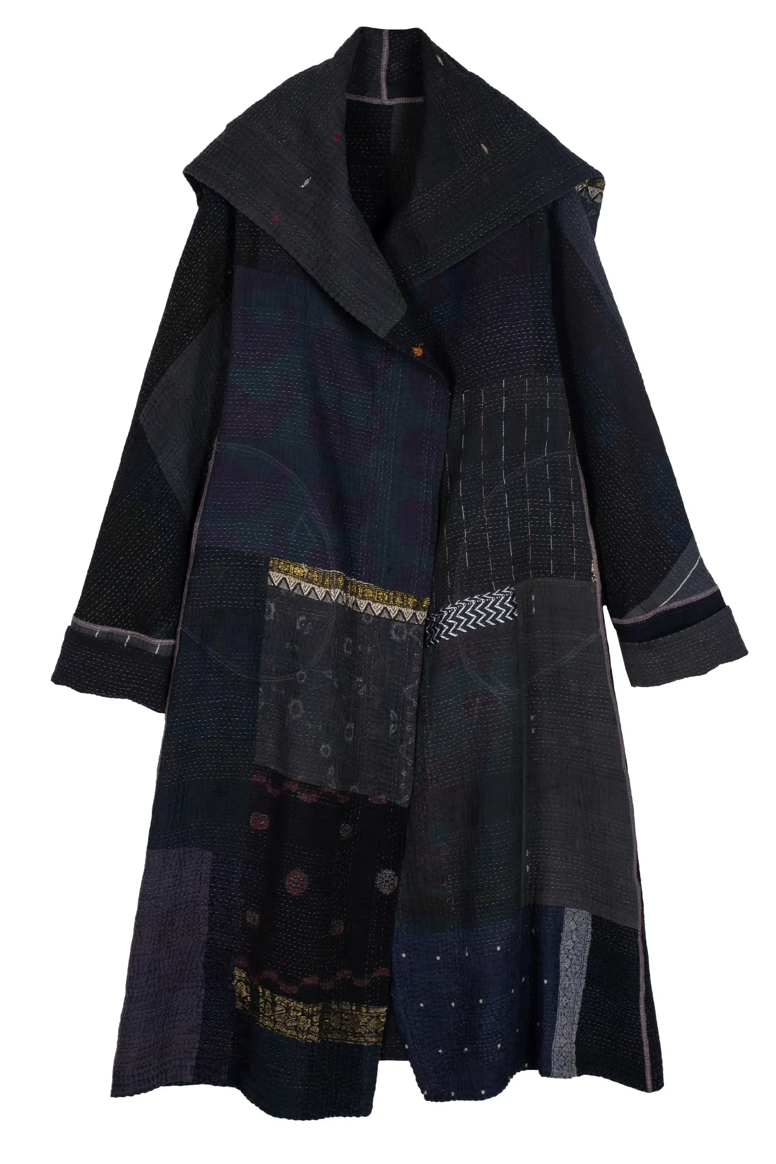 COTTON SILK SW PATCH KANTHA A-LINE LONG COAT - ws4302-blk -