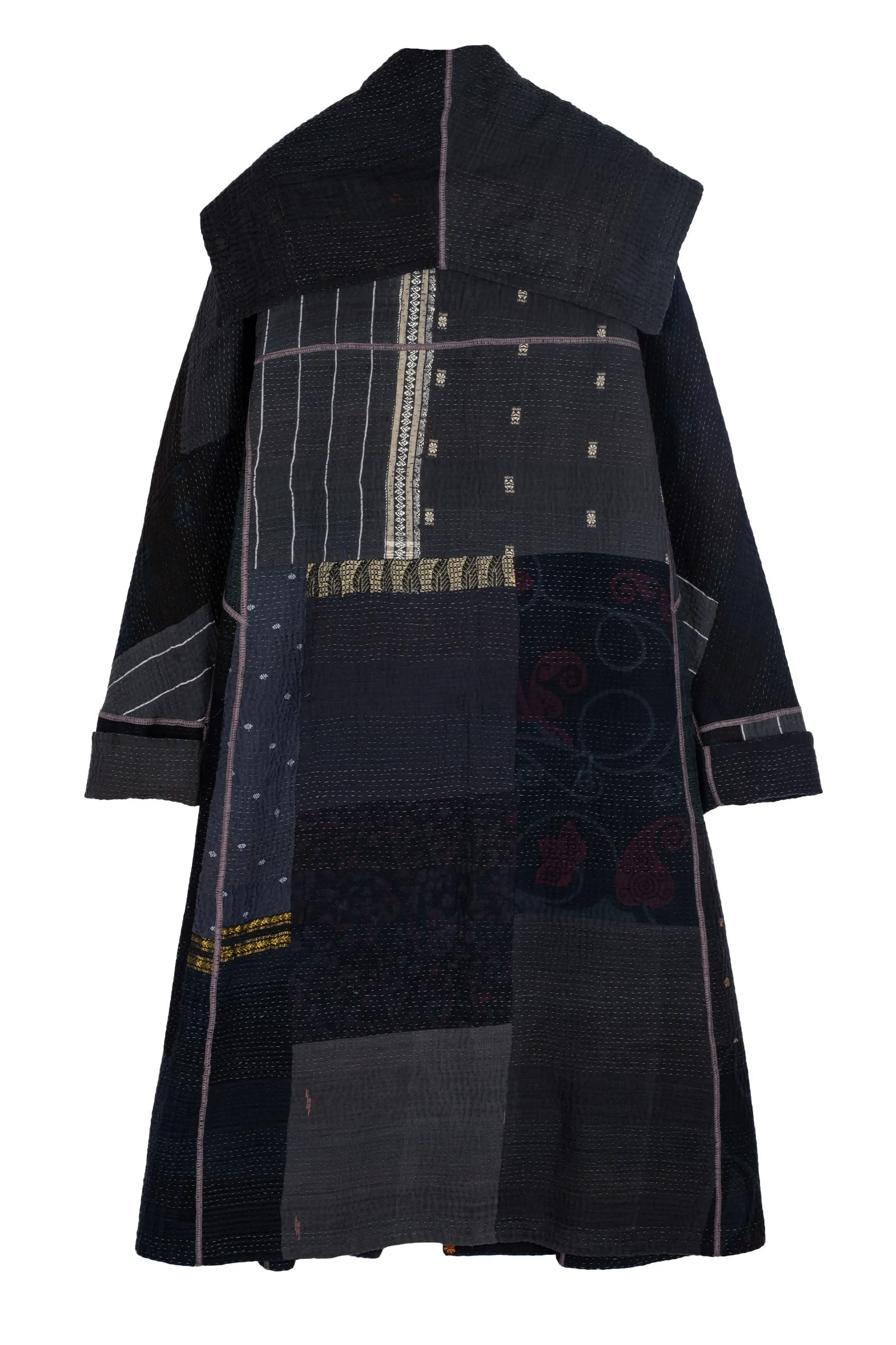 COTTON SILK SW PATCH KANTHA A-LINE LONG COAT - ws4302-blk -