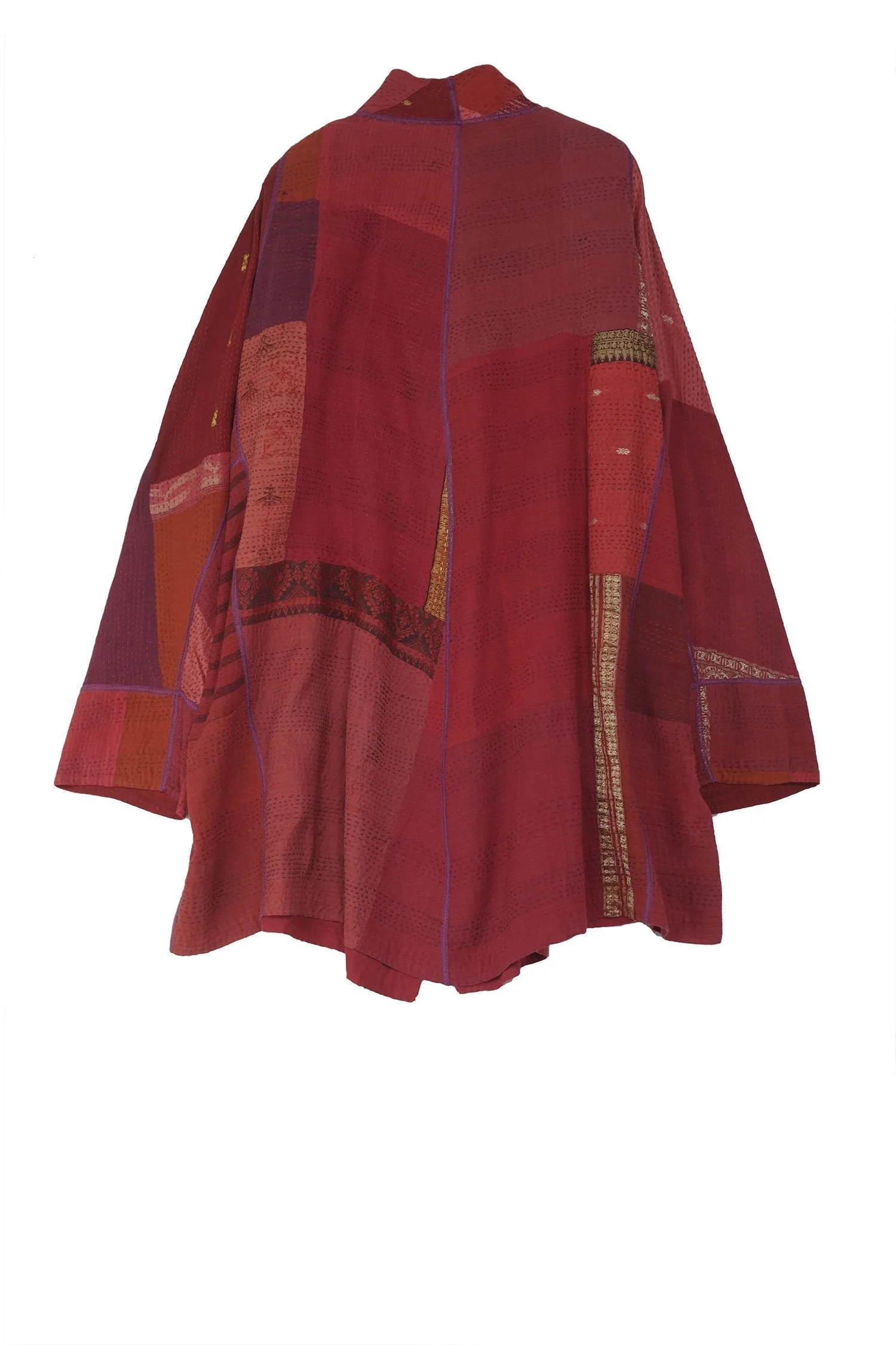 COTTON SILK SW PATCH KANTHA FUNNEL COLLAR COAT - ws2312-red -