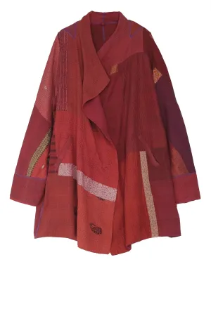 COTTON SILK SW PATCH KANTHA FUNNEL COLLAR COAT - ws2312-red -