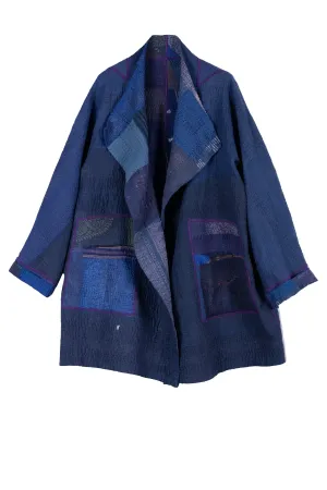 COTTON SILK SW PATCH KANTHA FUNNEL COLLAR COAT - ws4312-blu -