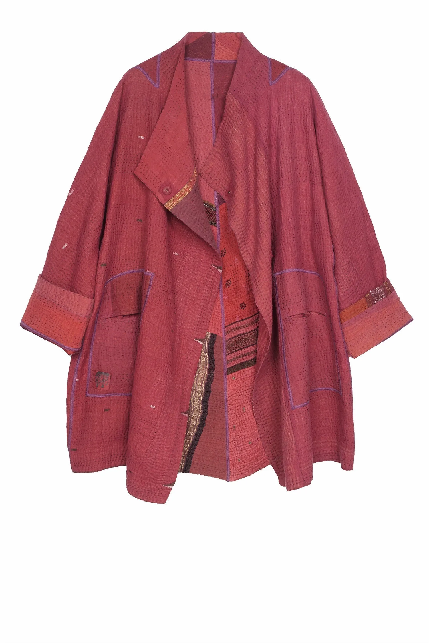 COTTON SILK SW PATCH KANTHA FUNNEL COLLAR COAT - ws4312-red -