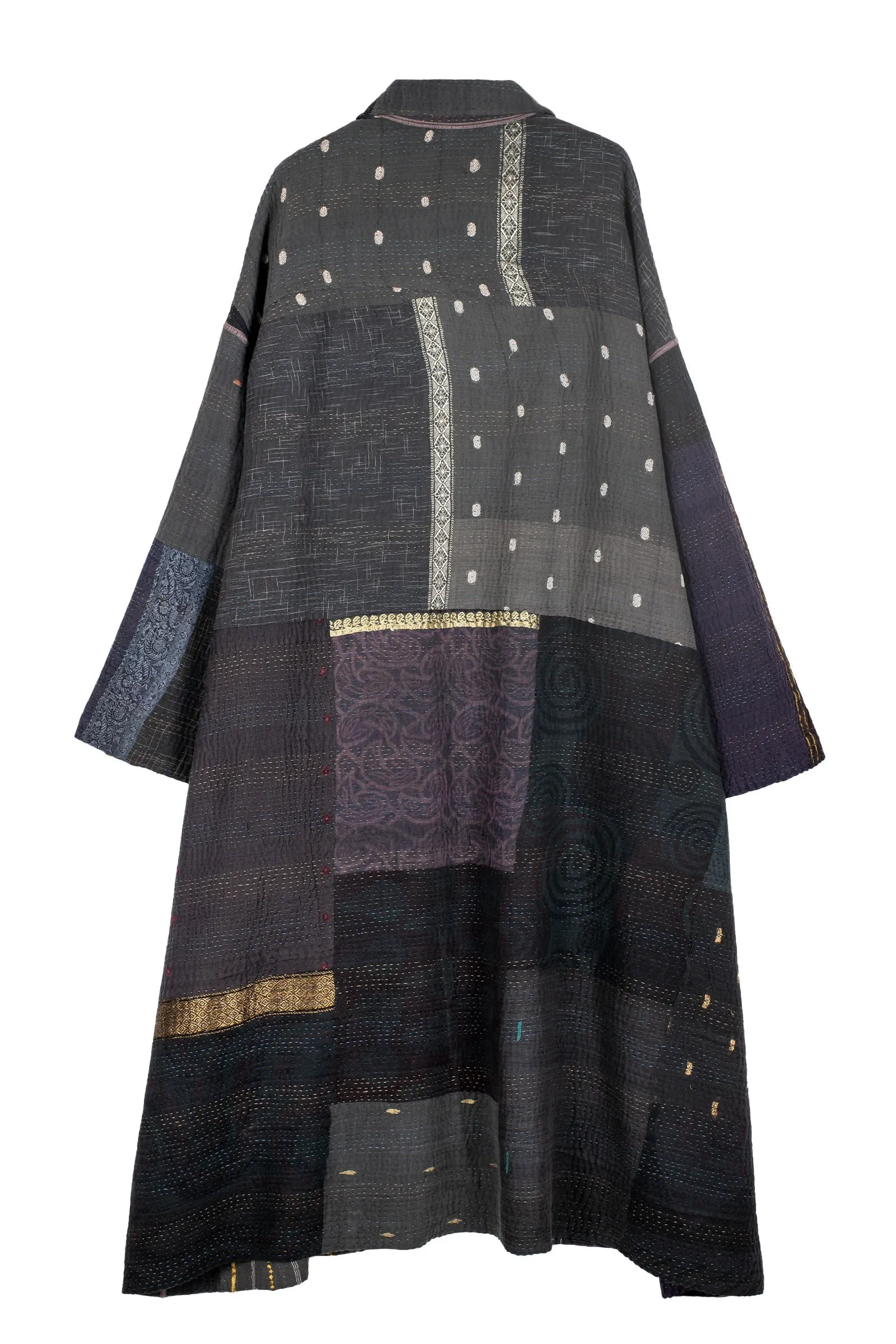 COTTON SILK SW PATCH KANTHA OVERSIZED COAT - ws4326-blk -