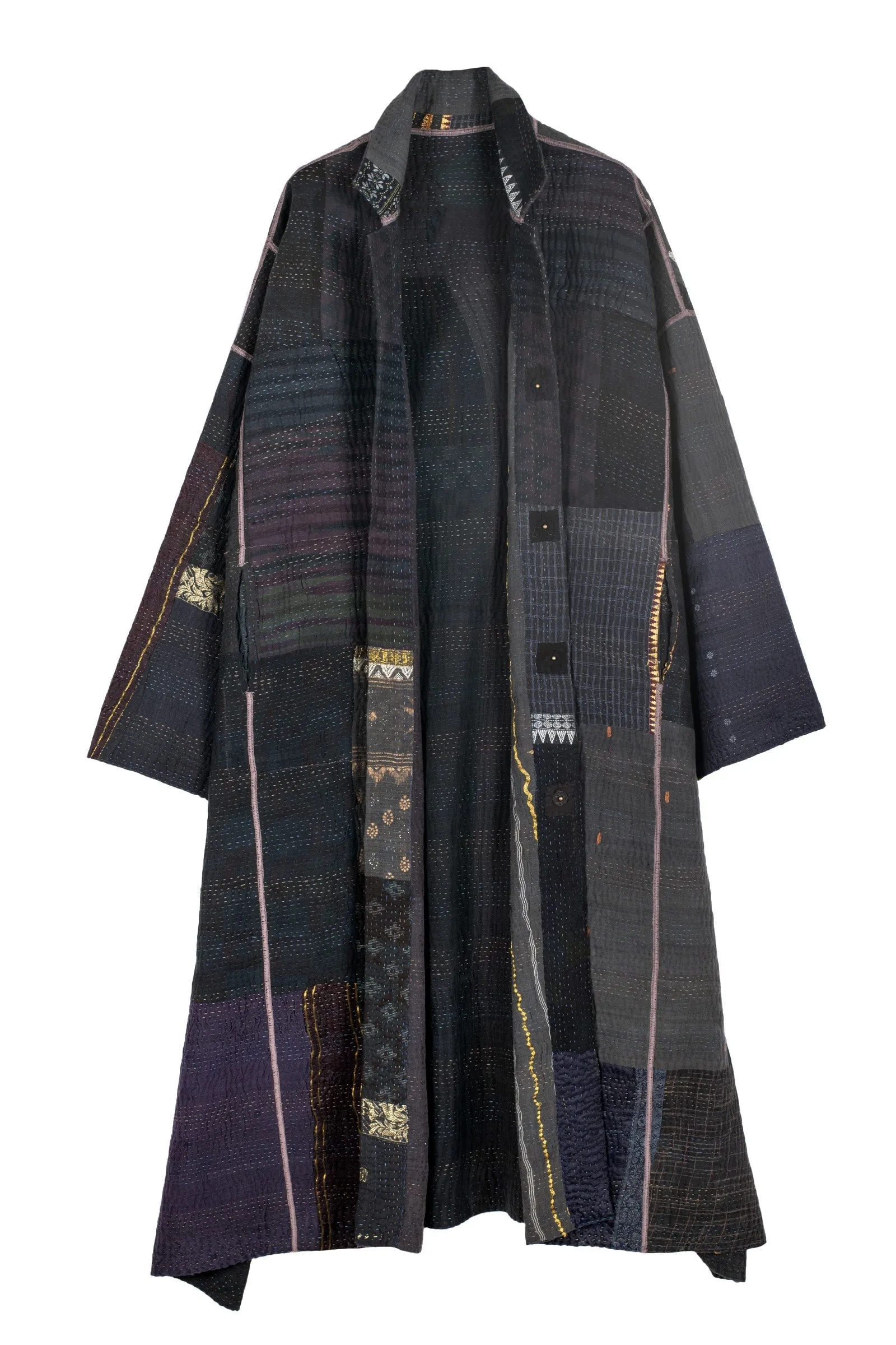 COTTON SILK SW PATCH KANTHA OVERSIZED COAT - ws4326-blk -